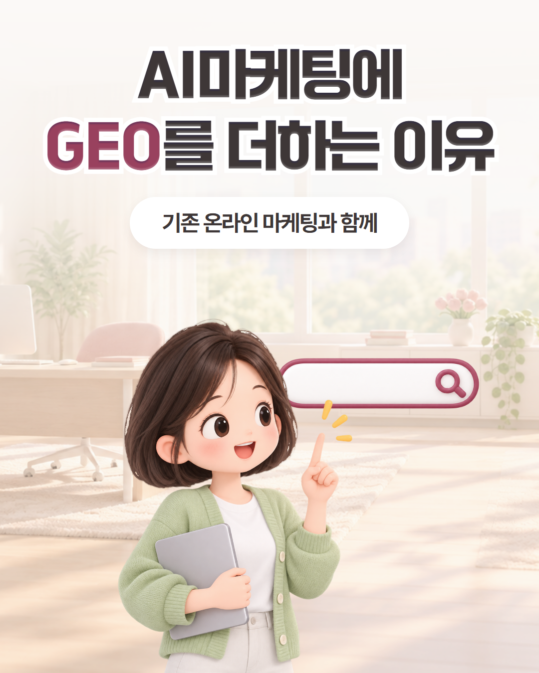 AI마케팅에 GEO를 더하는 이유 — 기존 온라인 마케팅과 함께, 검색창을 가리키는 마케팅 담당자 표지 이미지