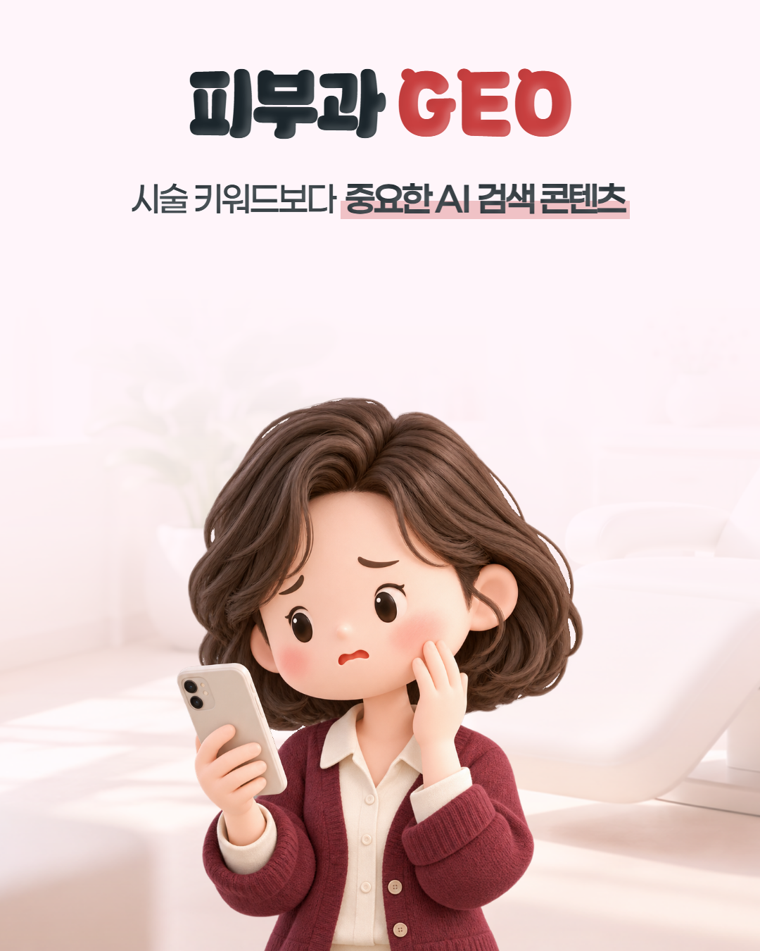 피부과 GEO, 시술 키워드보다 중요한 AI 검색 콘텐츠 — 휴대폰을 보며 피부 고민을 하는 여성 표지 이미지