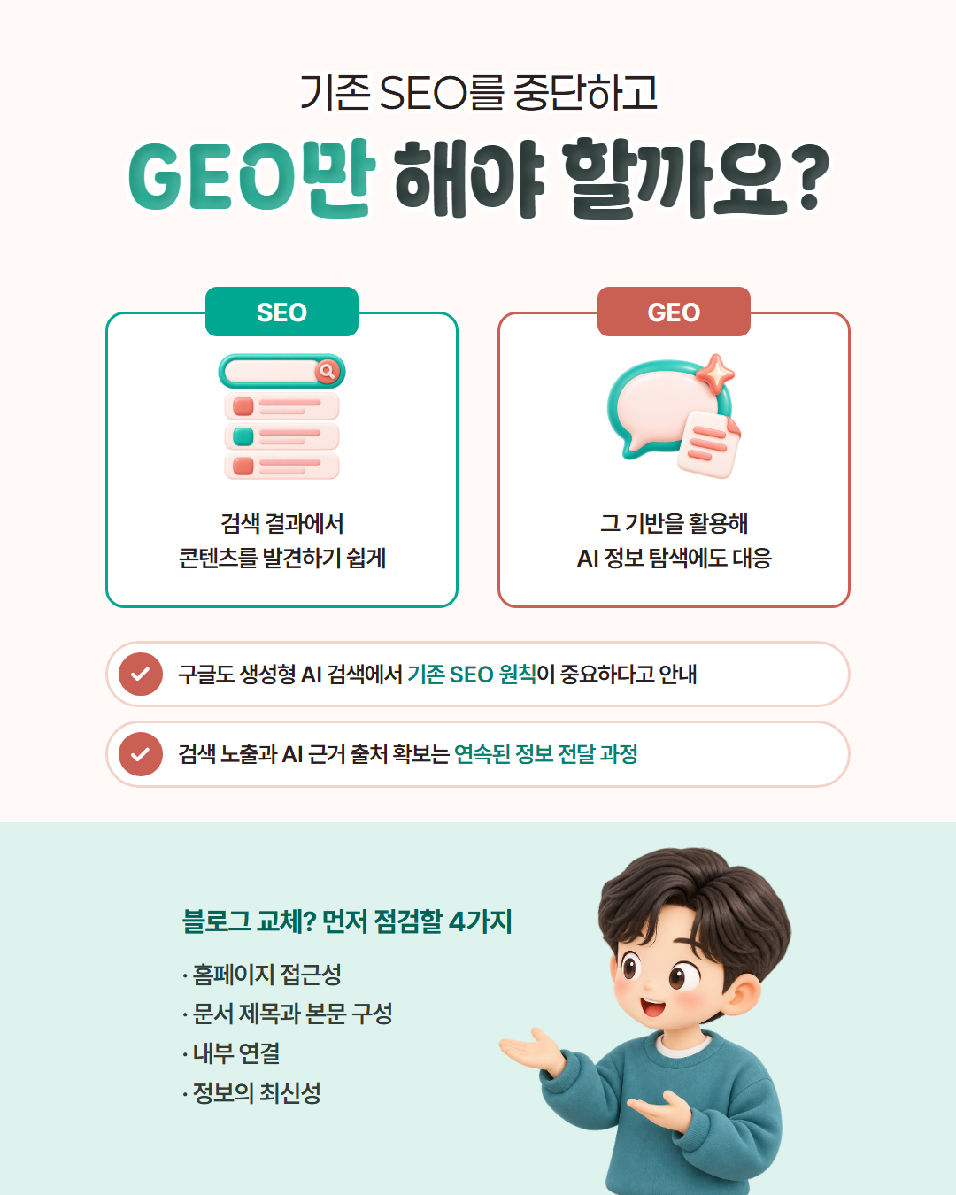 기존 SEO를 중단하고 GEO만 해야 할까요 — SEO는 검색 결과에서 콘텐츠를 발견하기 쉽게, GEO는 그 기반을 활용해 AI 정보 탐색에도 대응하며, 블로그 교체 전에 홈페이지 접근성·문서 제목과 본문 구성·내부 연결·정보의 최신성을 먼저 점검한다는 도표