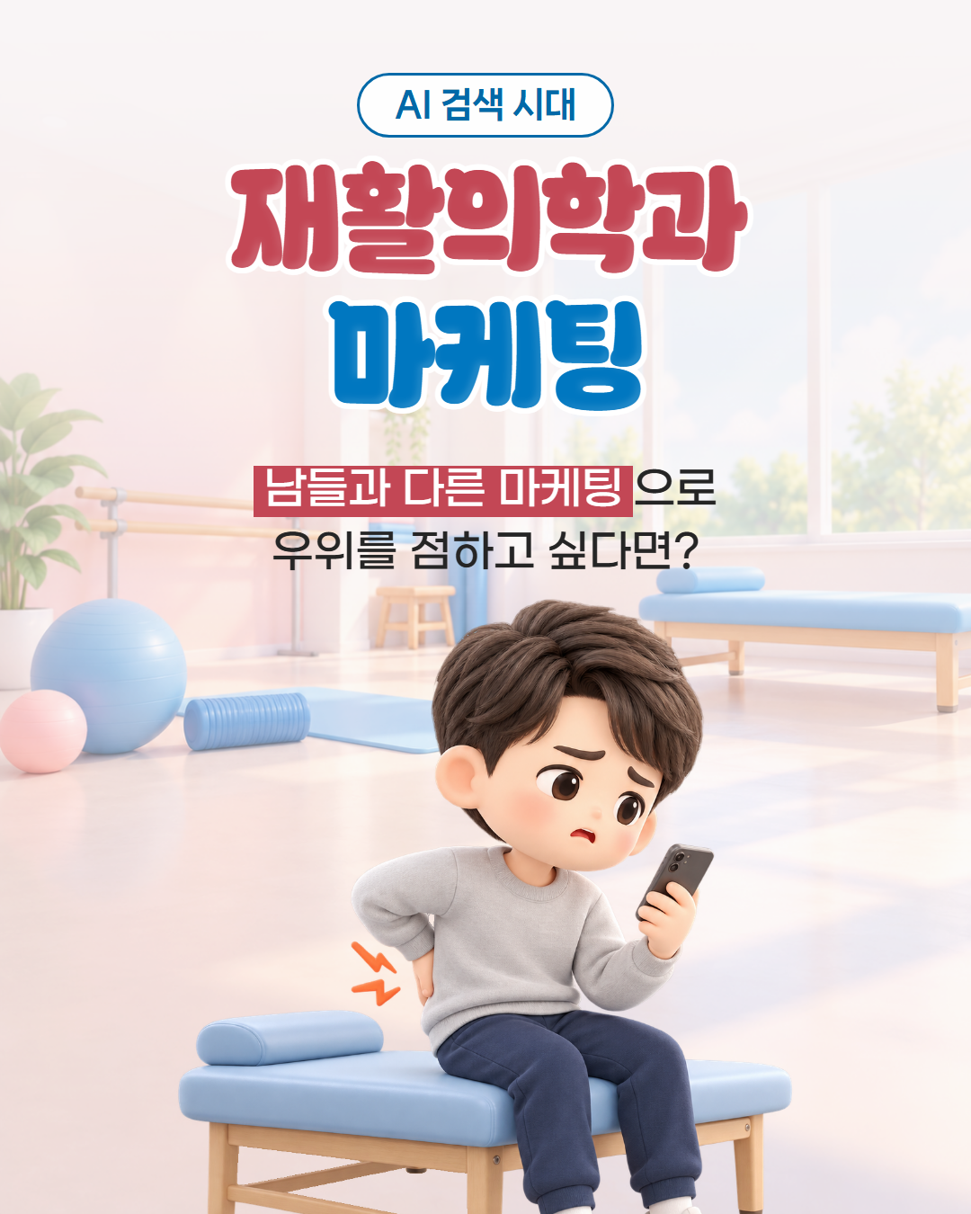 AI 검색 시대 재활의학과 마케팅, 남들과 다른 마케팅으로 우위를 점하고 싶다면 — 허리를 짚고 휴대폰을 보는 환자 표지 이미지