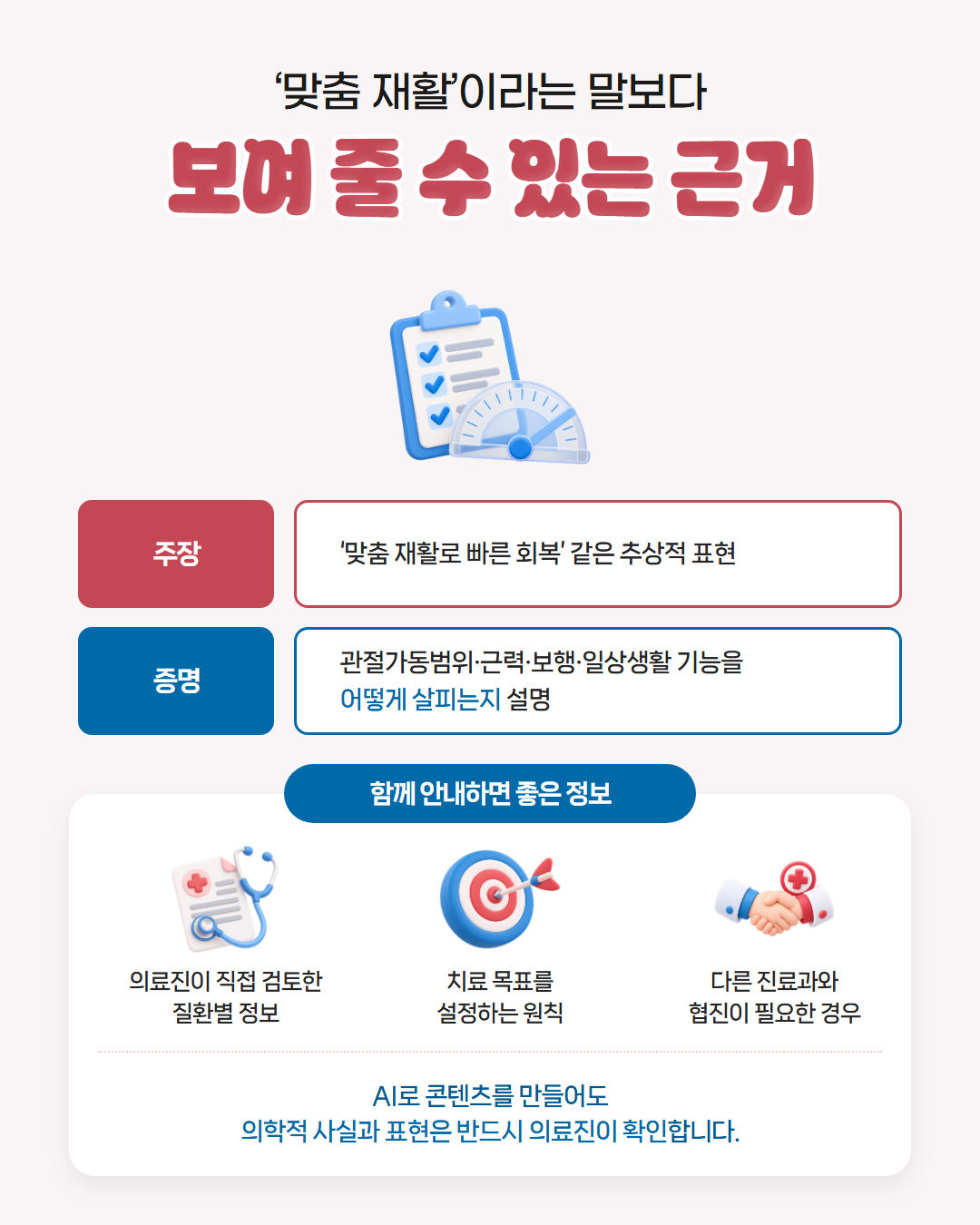 '맞춤 재활'이라는 말보다 보여 줄 수 있는 근거 — '맞춤 재활로 빠른 회복' 같은 추상적 주장 대신 관절가동범위·근력·보행·일상생활 기능을 어떻게 살피는지 설명하고, 의료진이 검토한 질환별 정보·치료 목표 설정 원칙·협진이 필요한 경우를 함께 안내한다는 도표