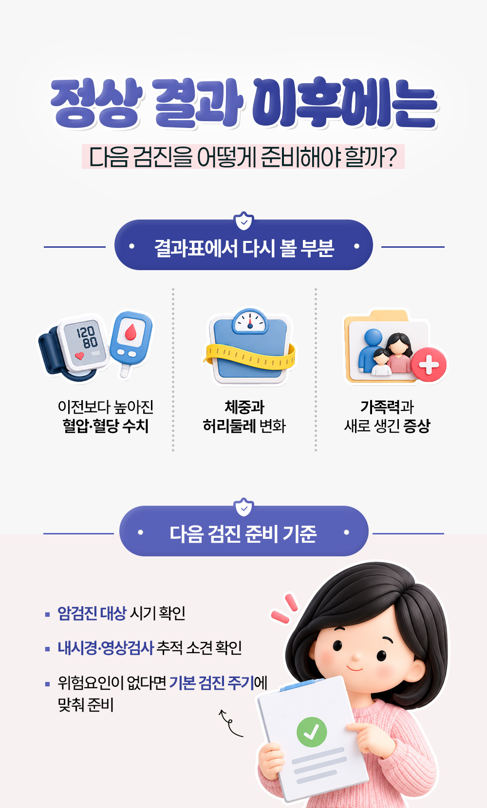 결과표에서 혈압과 혈당, 허리둘레, 가족력을 다시 보고 암검진 시기와 추적 소견을 확인해 다음 검진을 준비하는 장