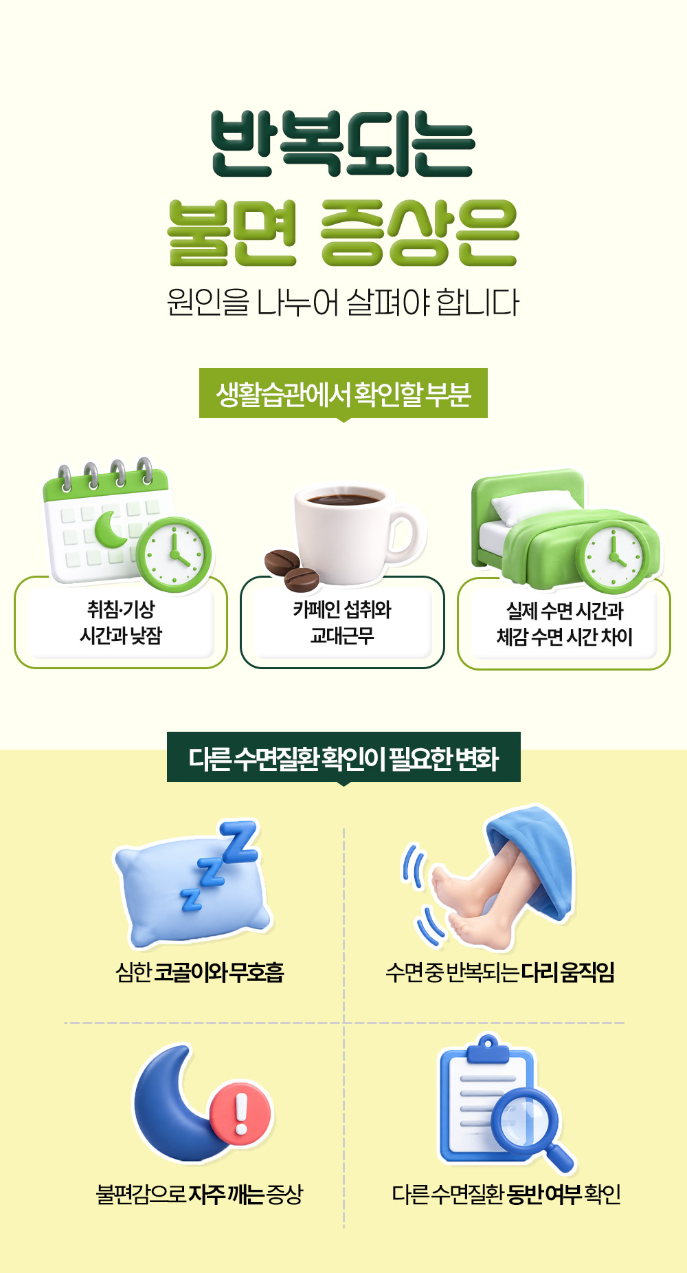 취침과 기상 시간, 카페인과 교대근무 같은 생활습관과 심한 코골이와 무호흡, 다리 움직임처럼 다른 수면질환 확인이 필요한 변화