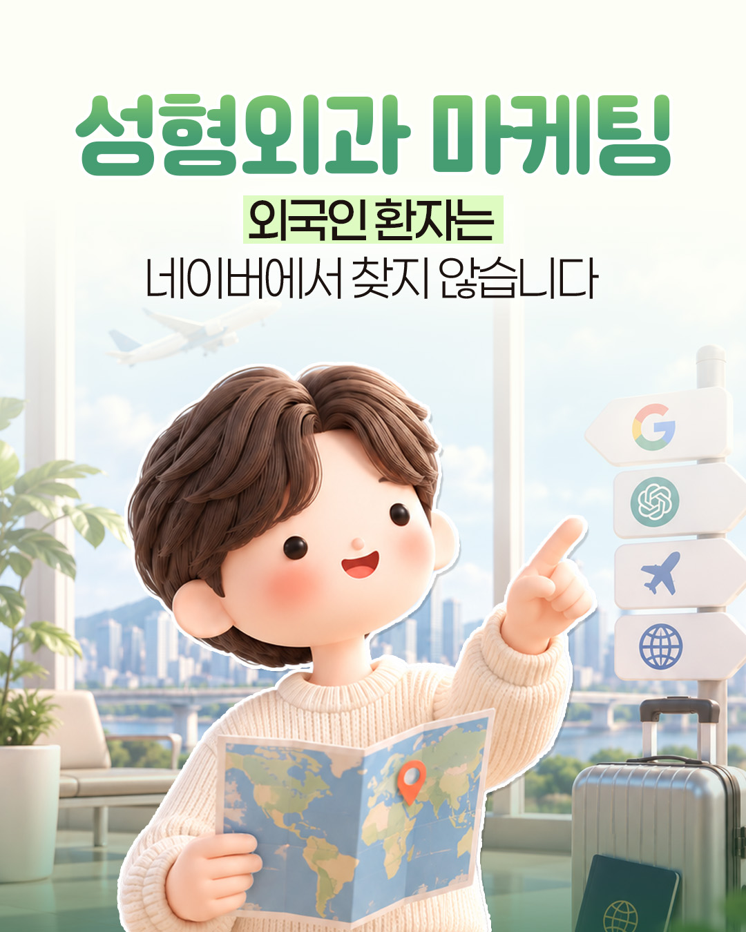 크리앤서 인사이트 「성형외과 마케팅, 외국인 환자는 네이버에서 찾지 않습니다」 대표 이미지 — 구글·ChatGPT 이정표를 가리키는 여행자 일러스트