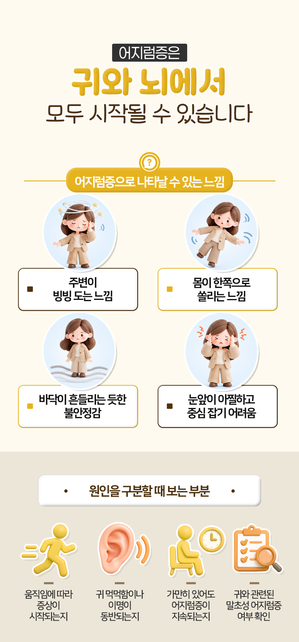 빙빙 도는 느낌과 쏠림, 바닥이 흔들리는 불안정감처럼 네 가지 느낌과 원인을 구분할 때 보는 부분