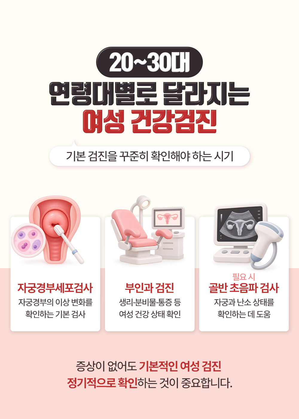 20~30대에 자궁경부세포검사와 부인과 검진, 필요 시 골반 초음파를 확인하는 기본 검진
