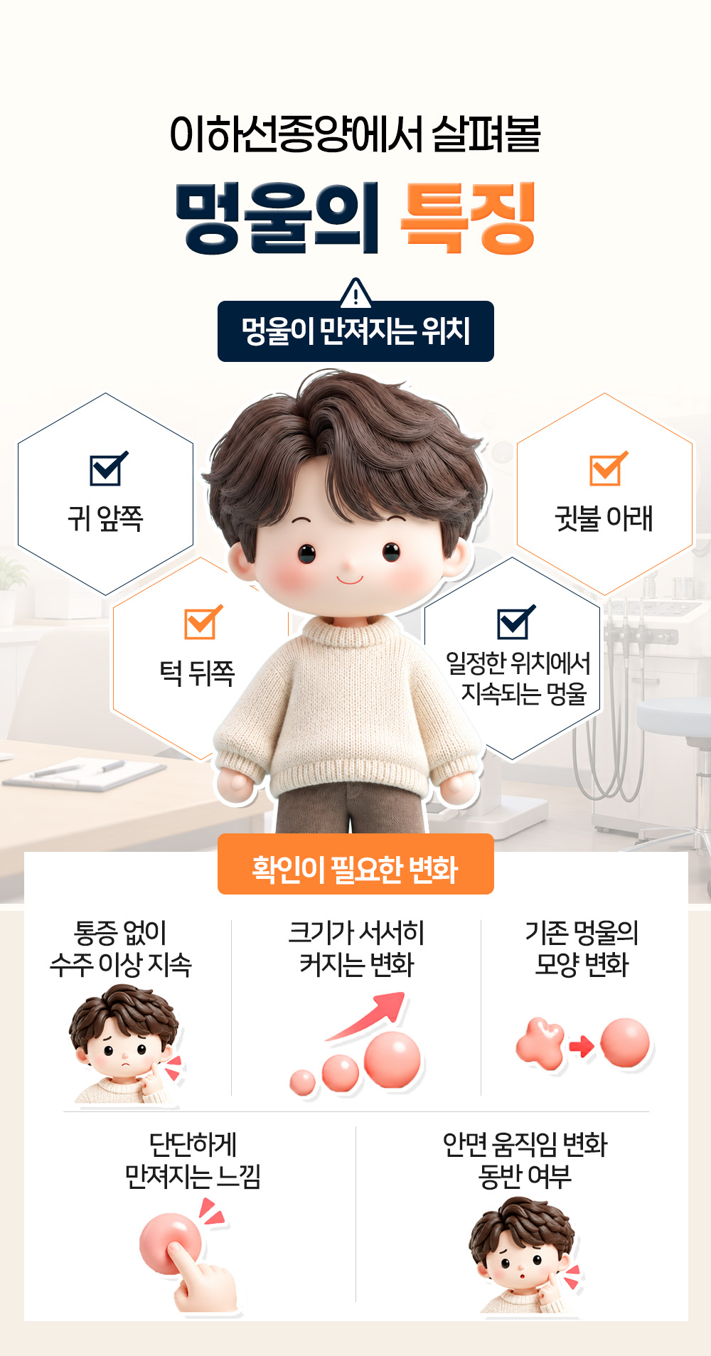 귀 앞쪽, 귓불 아래, 턱 뒤쪽처럼 멍울이 만져지는 위치와 수주 이상 지속, 단단한 느낌 등 확인이 필요한 변화 다섯