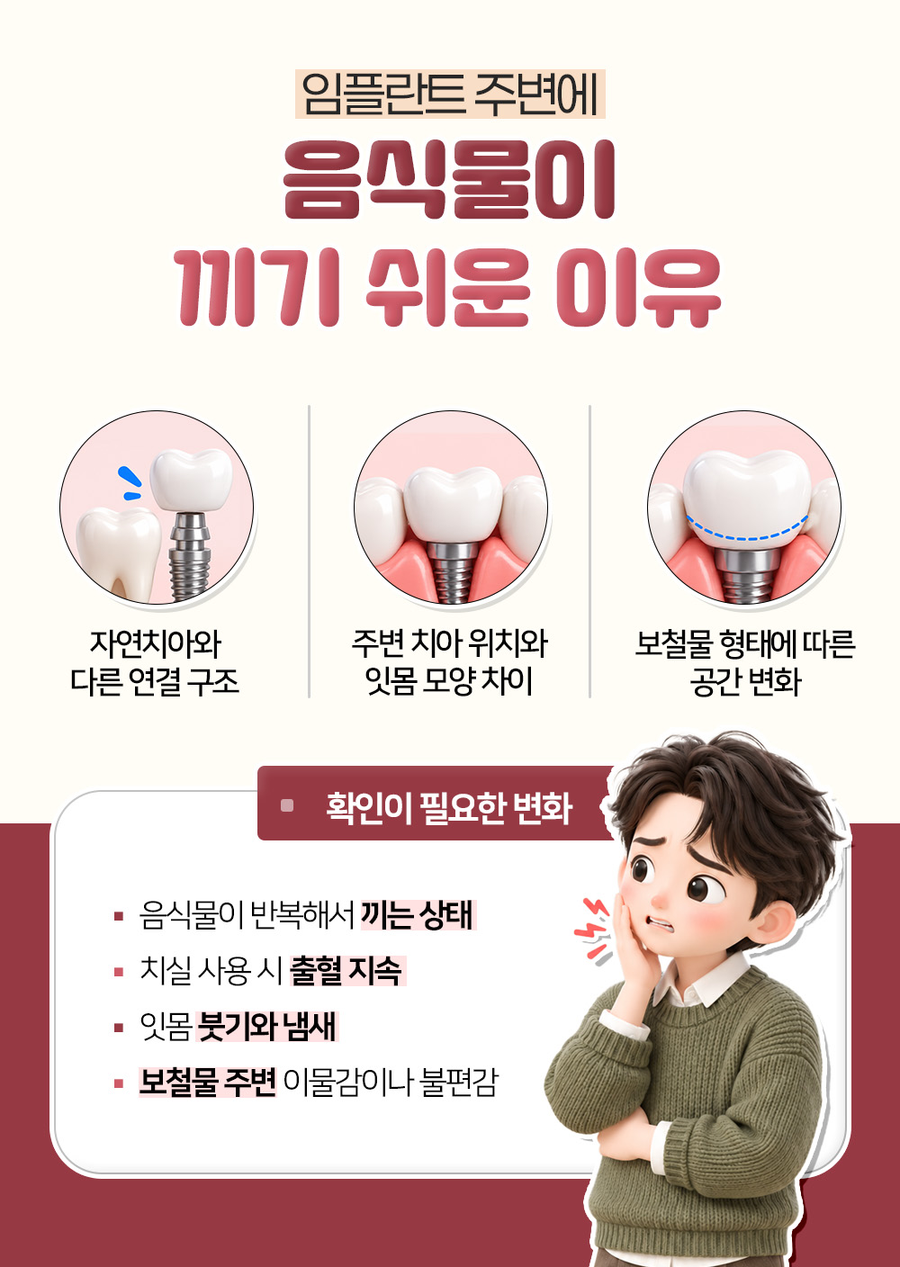 자연치아와 다른 연결 구조와 잇몸 모양, 보철물 형태 때문에 음식물이 끼기 쉽다는 설명과 출혈 지속, 붓기와 냄새 같은 확인할 변화