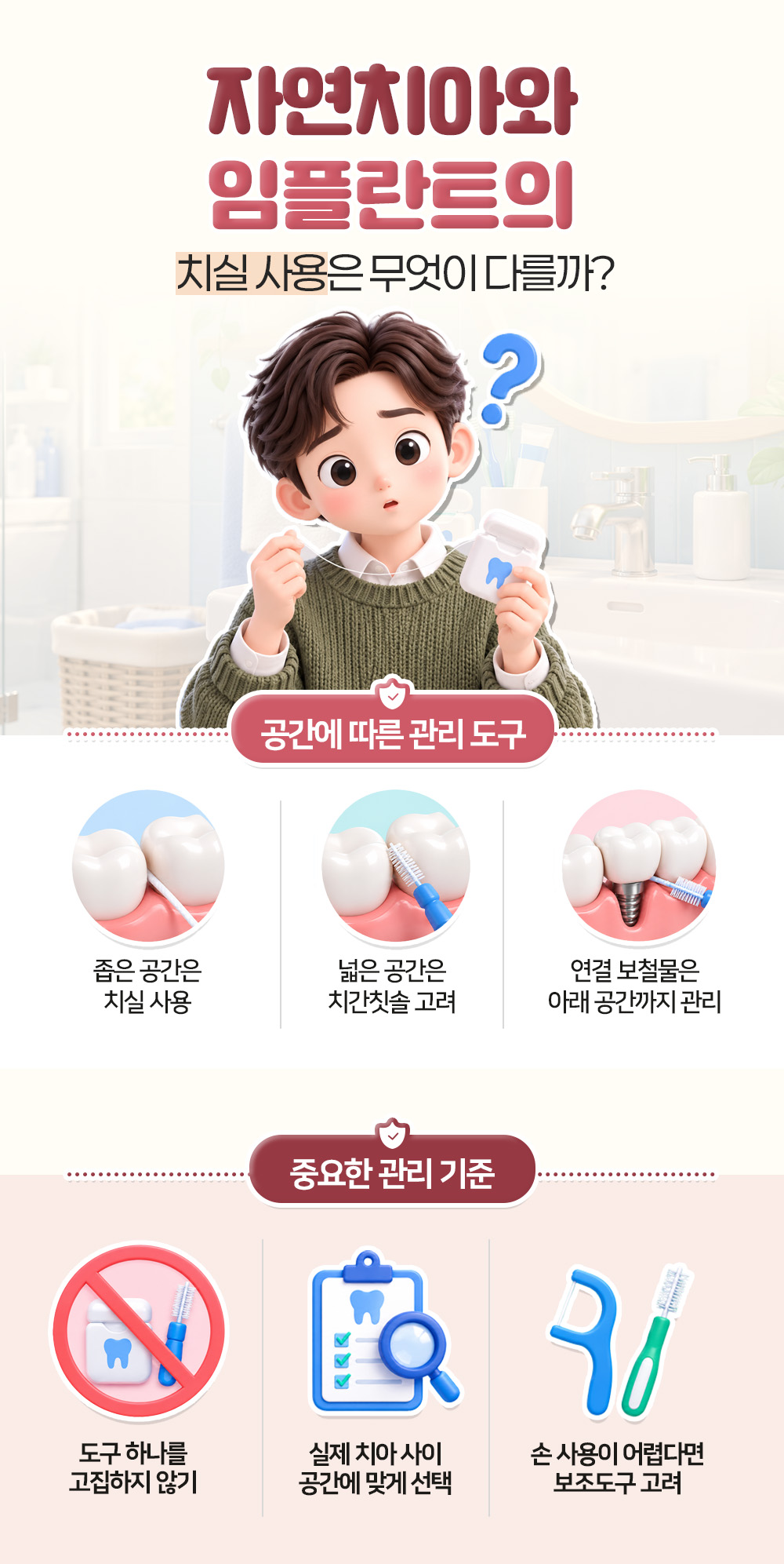 좁은 공간은 치실, 넓은 공간은 치간칫솔로 나누고 도구 하나를 고집하지 말라는 자연치아와 임플란트의 치실 사용 차이