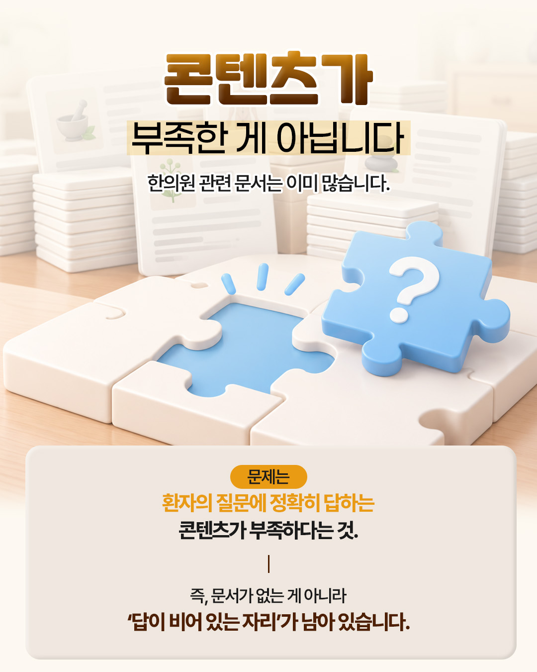 콘텐츠가 부족한 게 아닙니다 — 한의원 관련 문서는 이미 많습니다. 문제는 환자의 질문에 정확히 답하는 콘텐츠가 부족하다는 것. 즉 문서가 없는 게 아니라 「답이 비어 있는 자리」가 남아 있음을 퍼즐로 표현한 도해