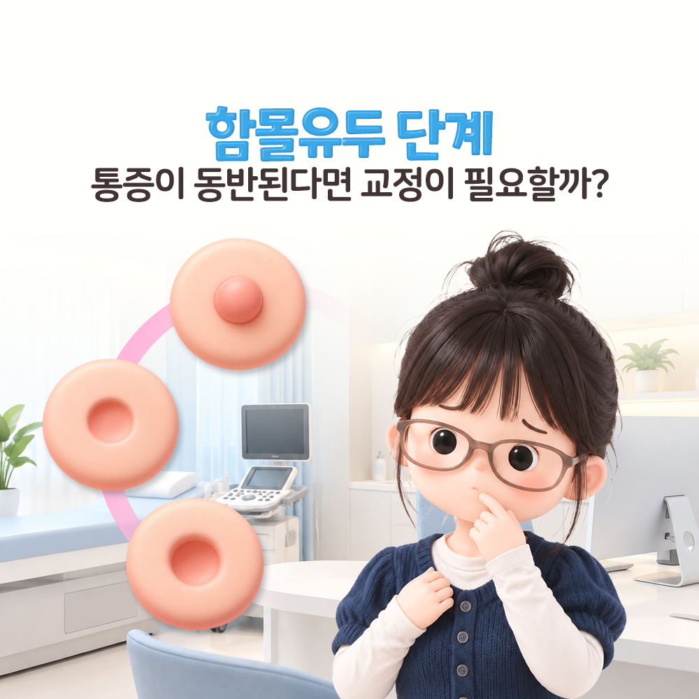 유두 모형 셋을 곡선으로 이어 놓고 통증이 있을 때 교정이 필요한지 묻는 표지