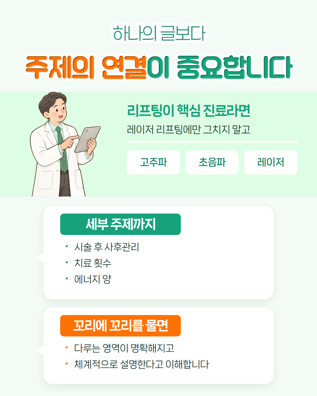 하나의 글보다 주제의 연결이 중요합니다 — 리프팅이 핵심 진료라면 레이저 리프팅에만 그치지 말고 고주파·초음파·레이저와 시술 후 사후관리·치료 횟수·에너지 양 같은 세부 주제까지. 꼬리에 꼬리를 물면 다루는 영역이 명확해지고 체계적으로 설명한다고 이해함
