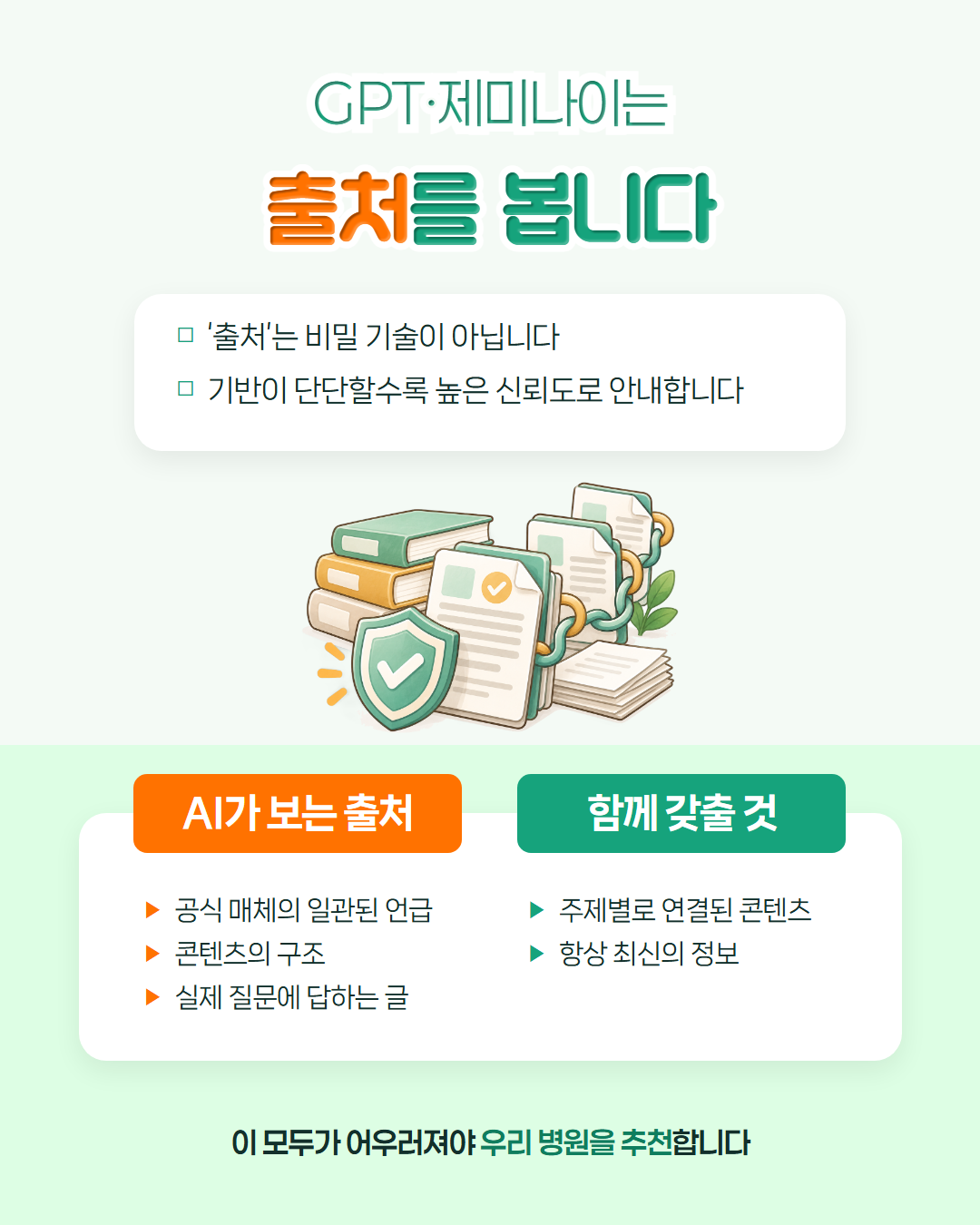 GPT·제미나이는 출처를 봅니다 — 출처는 비밀 기술이 아니며 기반이 단단할수록 높은 신뢰도로 안내합니다. AI가 보는 출처는 공식 매체의 일관된 언급·콘텐츠의 구조·실제 질문에 답하는 글, 함께 갖출 것은 주제별로 연결된 콘텐츠·항상 최신의 정보. 이 모두가 어우러져야 우리 병원을 추천합니다