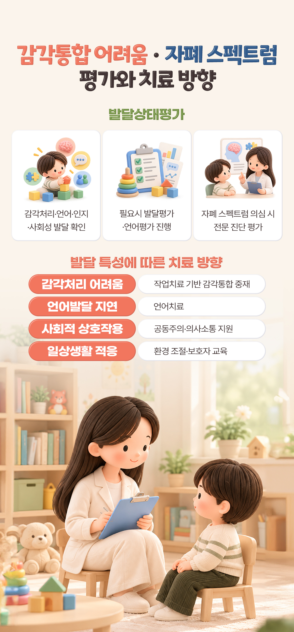발달상태평가 셋과 감각처리·언어발달·사회적 상호작용·일상생활 적응별 치료 방향 넷, 아이와 마주 앉은 상담 그림