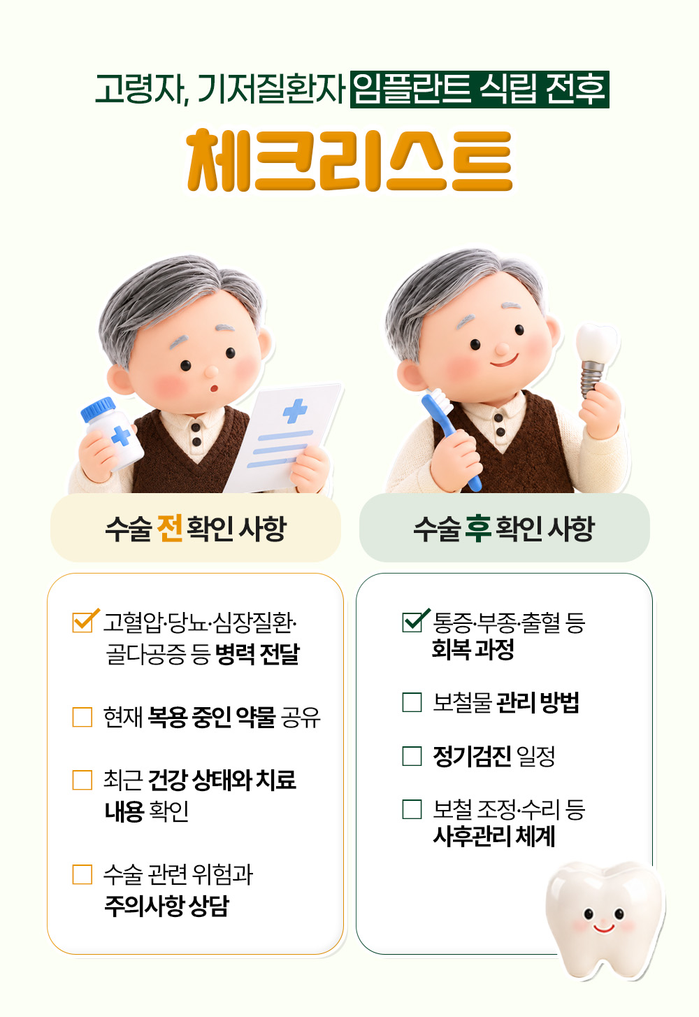 고혈압·당뇨 등 병력과 복용 약물을 알리는 수술 전 확인 넷, 회복 과정과 정기검진 등 수술 후 확인 넷