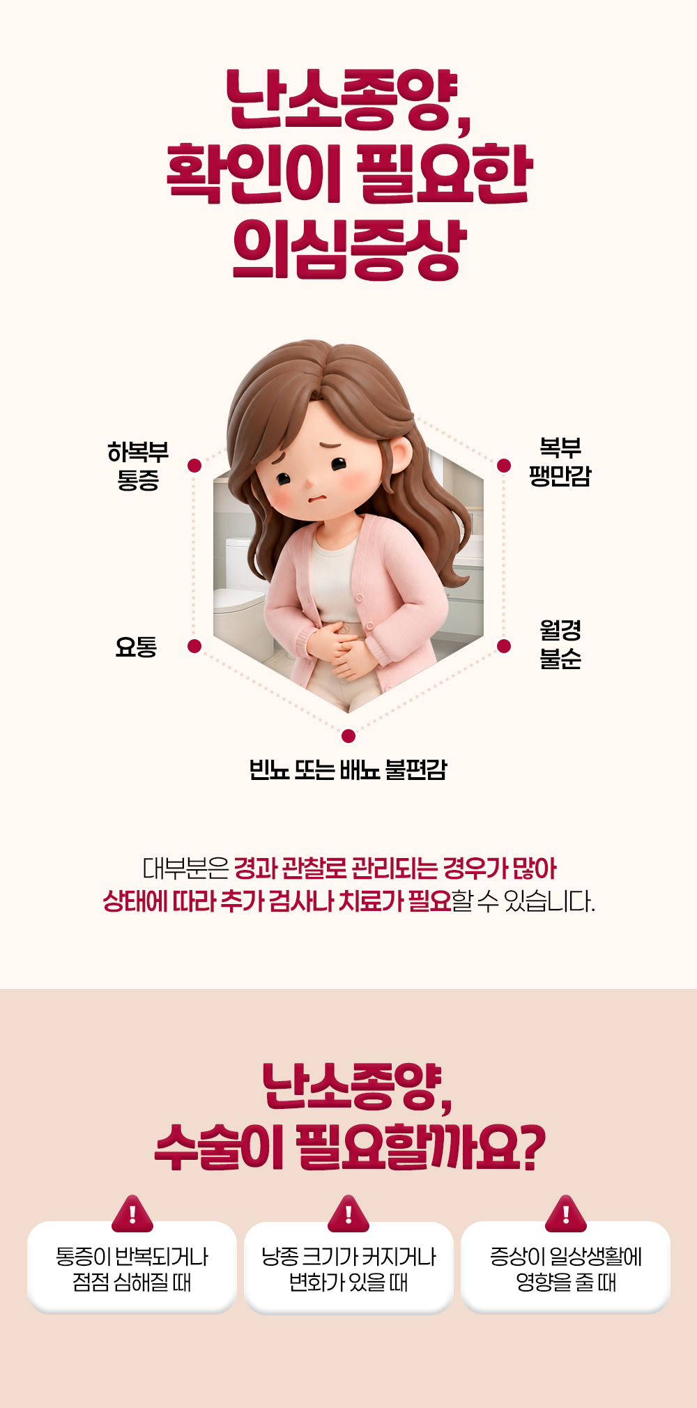 아랫배를 감싼 인물 둘레에 하복부 통증과 복부 팽만감 등 의심 증상 다섯을 적고 통증 반복과 크기 변화 등 수술을 고려하는 때 셋