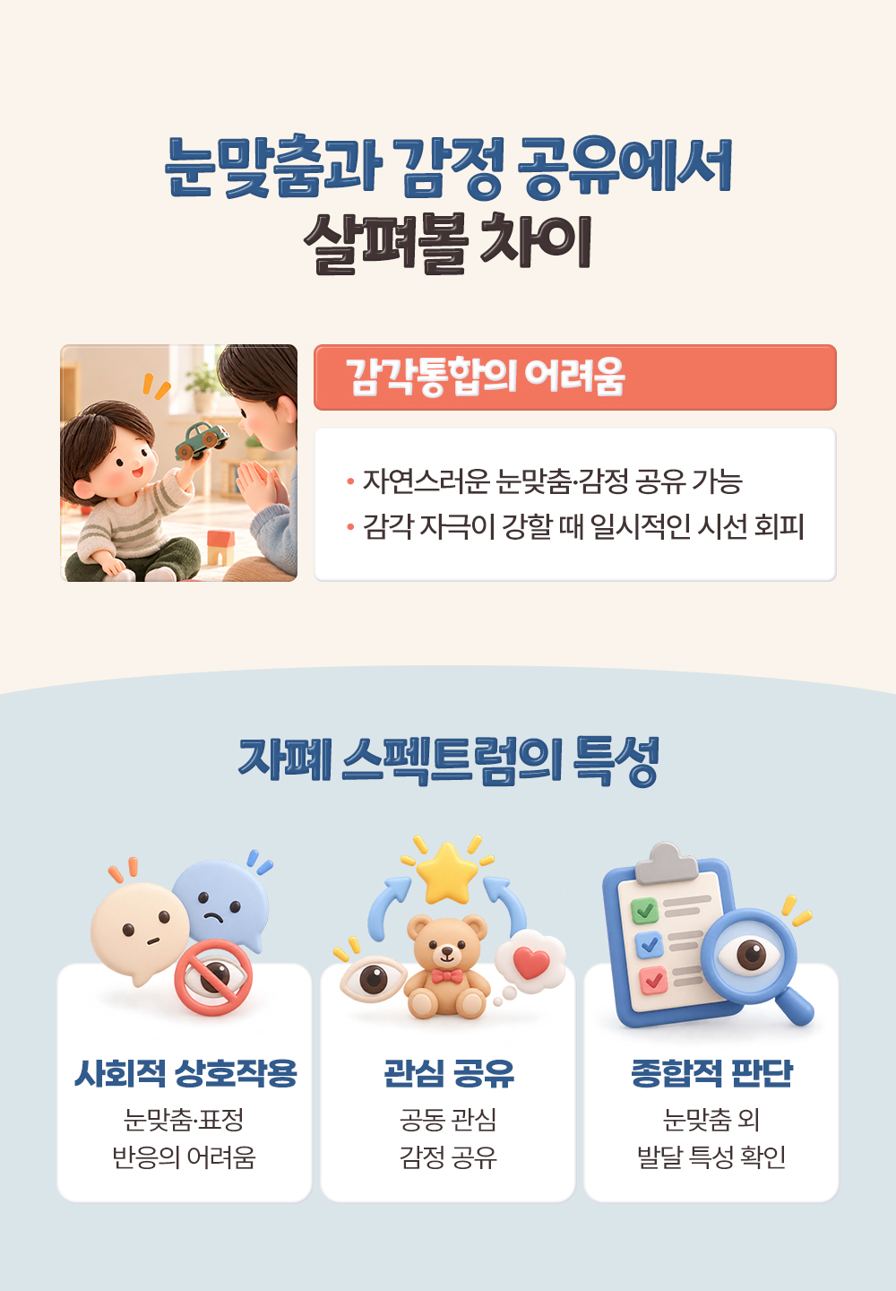 감각통합 쪽은 눈맞춤이 가능하고 자극이 강할 때만 시선을 피하며, 자폐 스펙트럼 쪽은 상호작용과 관심 공유를 함께 본다는 장