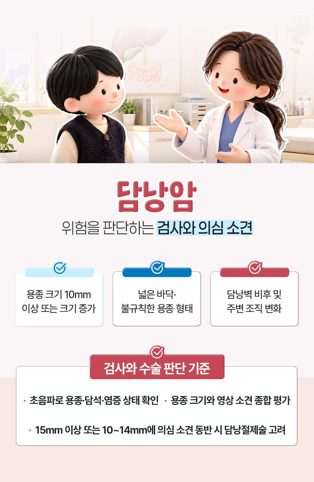 용종 10mm 이상과 넓은 바닥·불규칙한 형태를 의심 소견으로, 15mm 이상이나 10~14mm에 의심 소견 동반 시 수술 고려