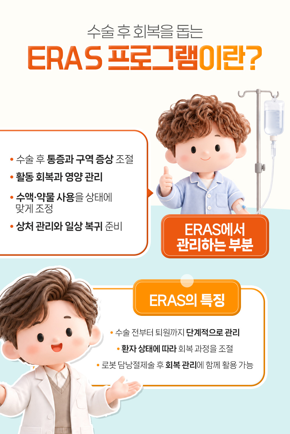 수술 후 통증과 구역 조절, 활동 회복과 영양 관리를 상태에 맞춰 단계적으로 하는 ERAS 회복 관리