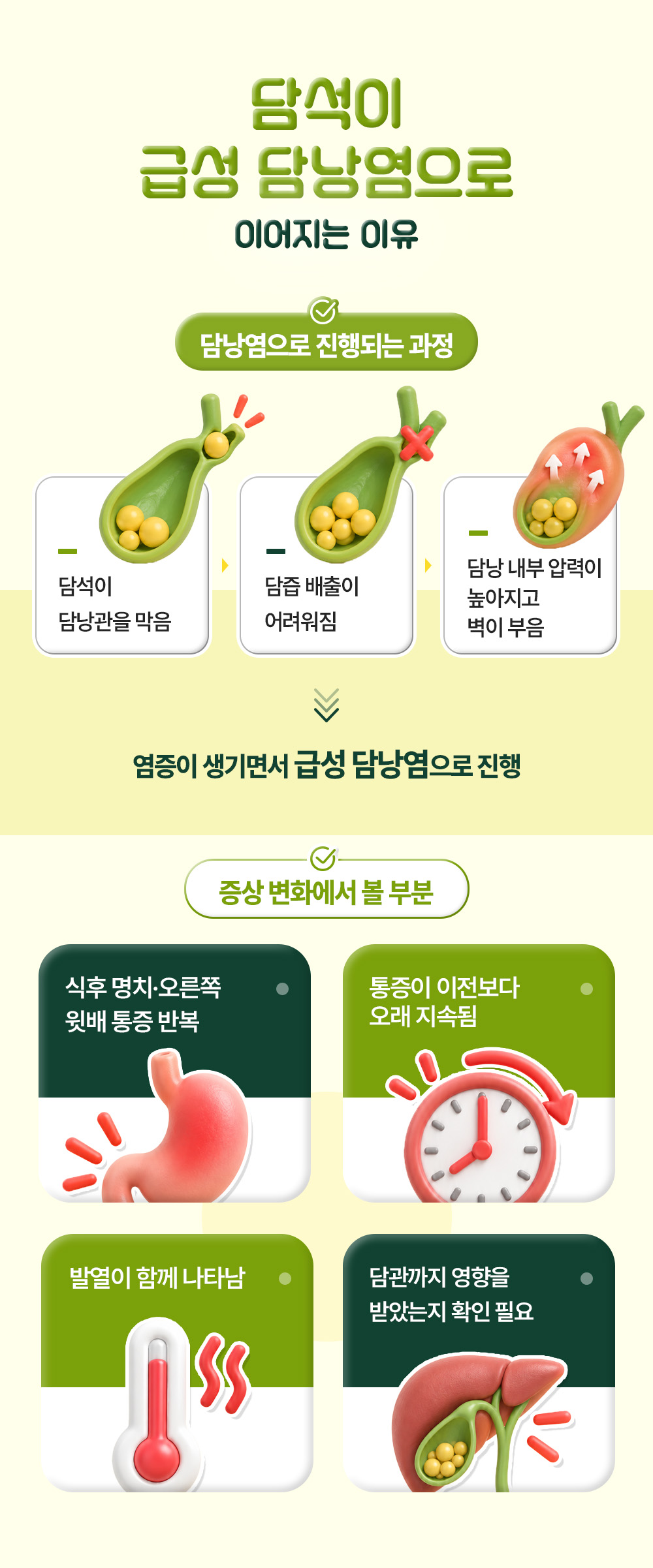 담석이 담낭관을 막고 담즙 배출이 어려워져 담낭벽이 부으며 급성 담낭염으로 진행되는 세 단계와 증상 변화에서 볼 부분 넷