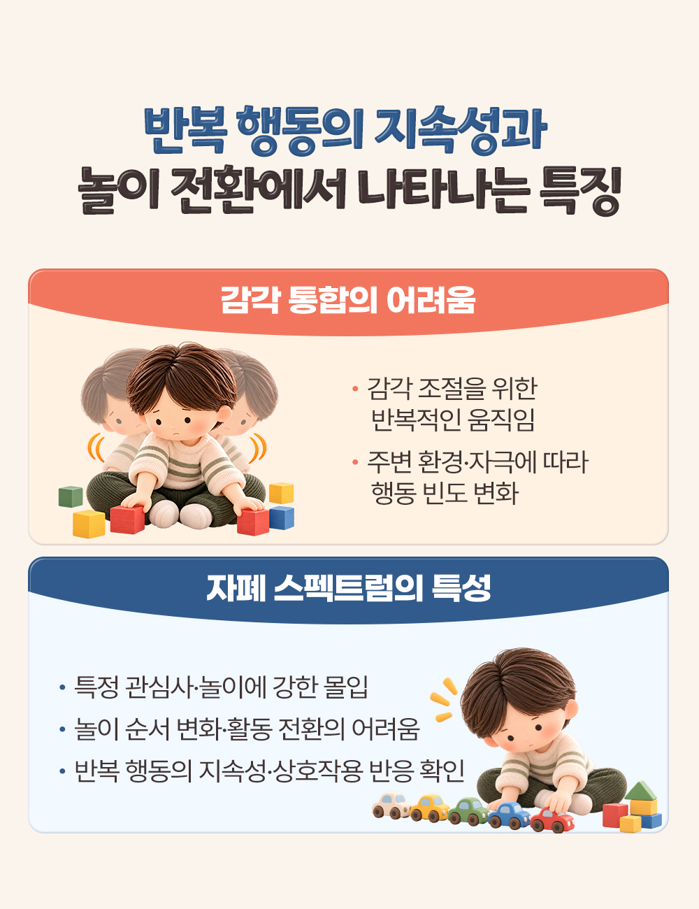 감각 조절을 위한 반복 움직임과 환경에 따른 빈도 변화, 자폐 스펙트럼의 강한 몰입과 활동 전환의 어려움을 나눈 장