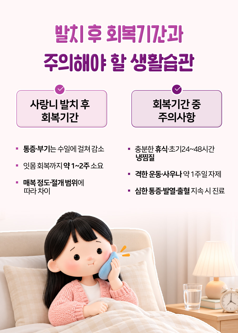침대에서 얼음주머니를 댄 인물과 함께 잇몸 회복까지 약 1~2주 등 회복기간 셋과 24~48시간 냉찜질, 약 1주일 운동·사우나 자제 등 주의사항 셋