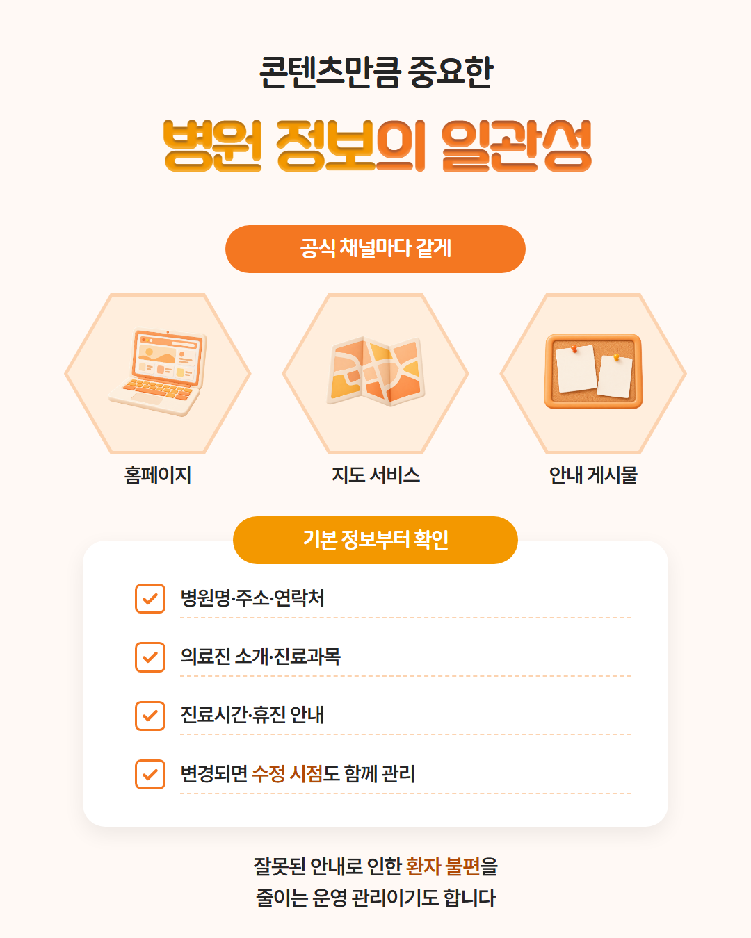 콘텐츠만큼 중요한 병원 정보의 일관성 — 홈페이지·지도 서비스·안내 게시물 등 공식 채널마다 같게. 병원명·주소·연락처, 의료진 소개·진료과목, 진료시간·휴진 안내부터 확인하고 변경되면 수정 시점도 함께 관리. 잘못된 안내로 인한 환자 불편을 줄이는 운영 관리이기도 합니다