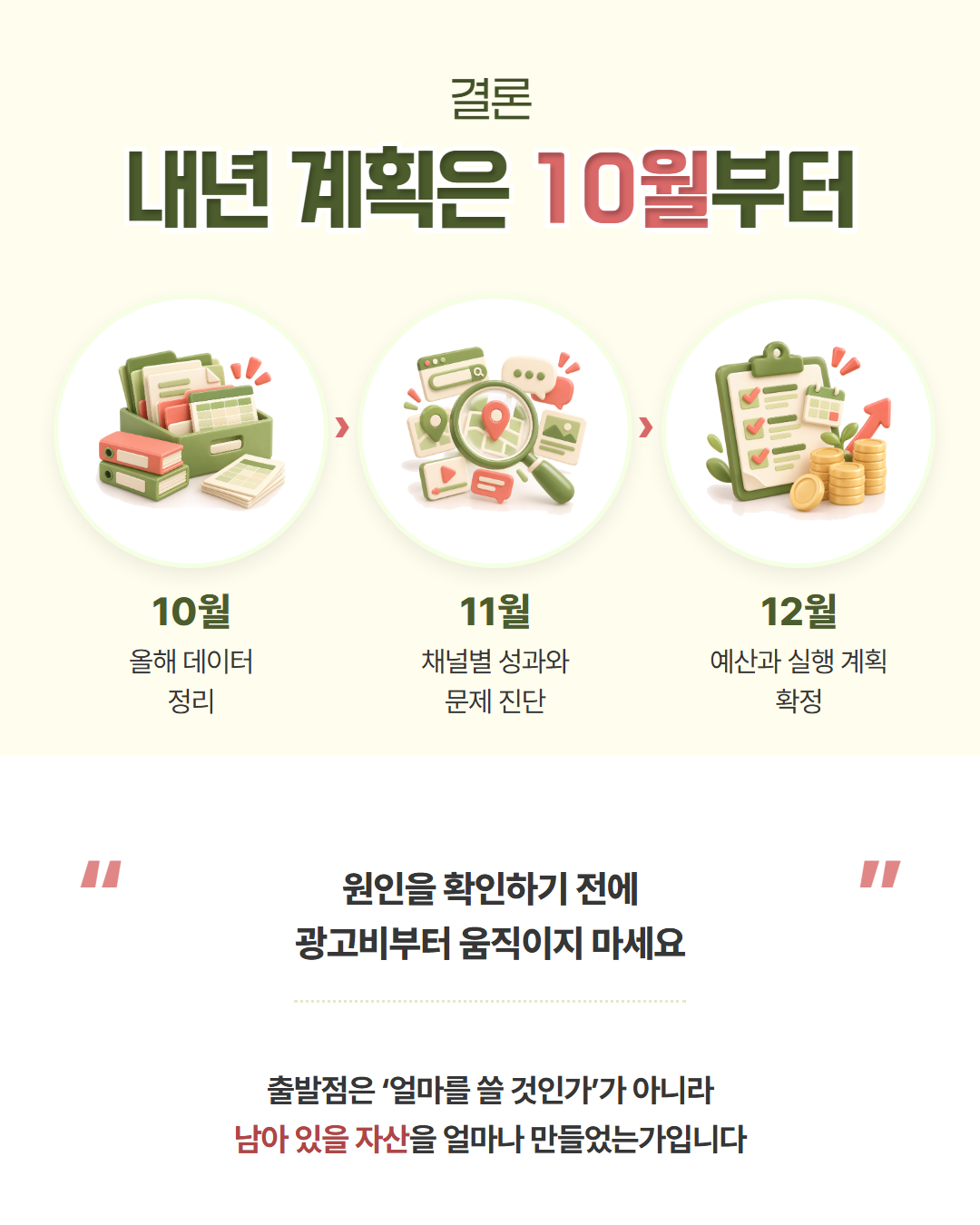 결론, 내년 계획은 10월부터 — 10월 올해 데이터 정리, 11월 채널별 성과와 문제 진단, 12월 예산과 실행 계획 확정. 원인을 확인하기 전에 광고비부터 움직이지 마세요. 출발점은 얼마를 쓸 것인가가 아니라 남아 있을 자산을 얼마나 만들었는가입니다