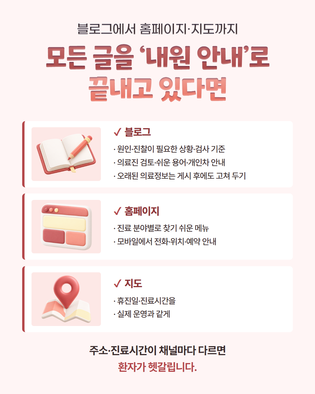 블로그에서 홈페이지·지도까지 — 모든 글을 내원 안내로 끝내고 있다면. 블로그: 원인·진찰이 필요한 상황·검사 기준, 의료진 검토·쉬운 용어·개인차 안내, 오래된 의료정보는 게시 후에도 고쳐 두기 / 홈페이지: 진료 분야별로 찾기 쉬운 메뉴, 모바일에서 전화·위치·예약 안내 / 지도: 휴진일·진료시간을 실제 운영과 같게. 주소·진료시간이 채널마다 다르면 환자가 헷갈립니다