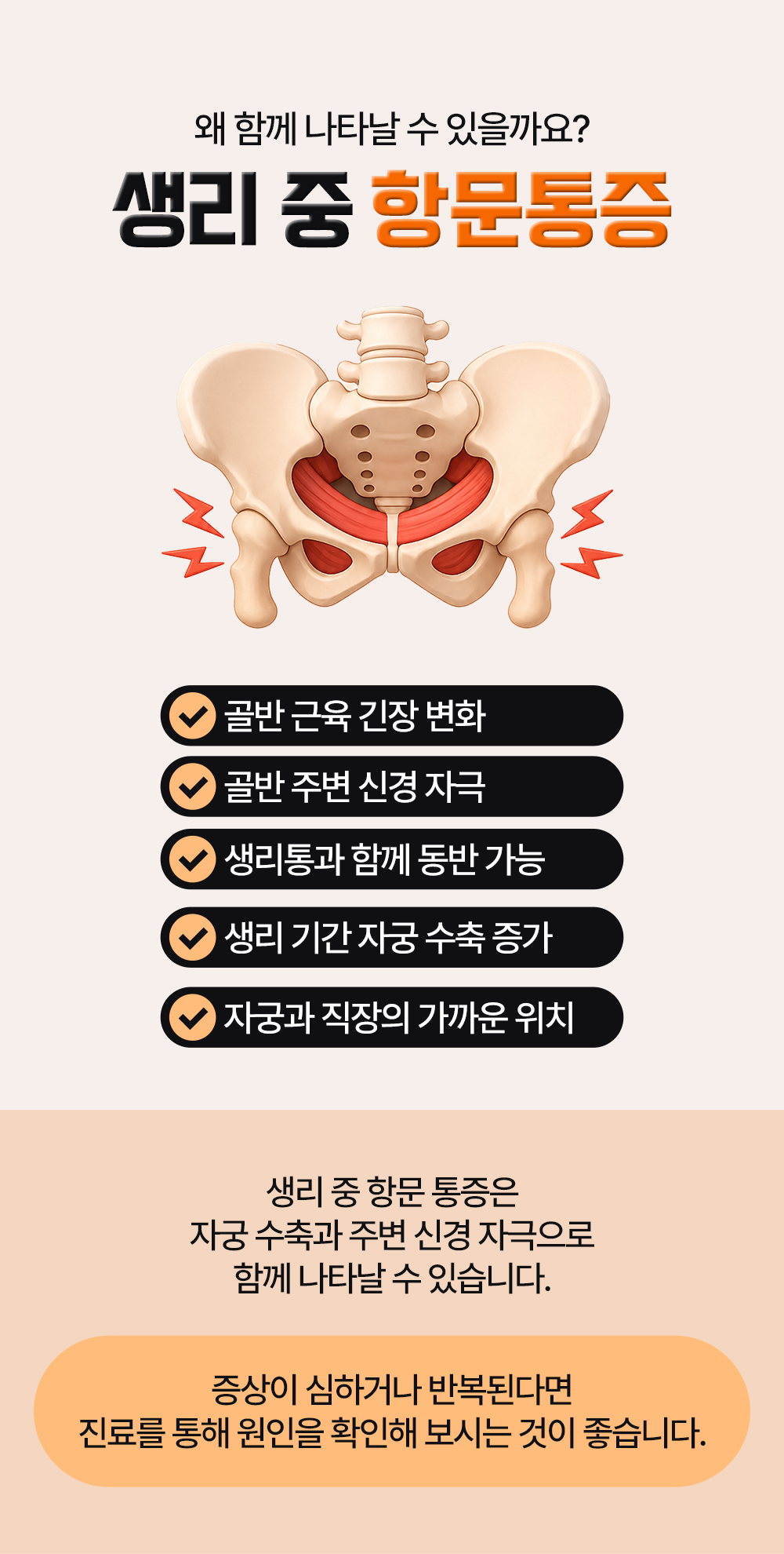 골반뼈 그림 아래 골반 근육 긴장, 신경 자극, 자궁 수축, 자궁과 직장의 가까운 위치 등 생리 중 항문통증이 함께 나타날 수 있는 이유 다섯