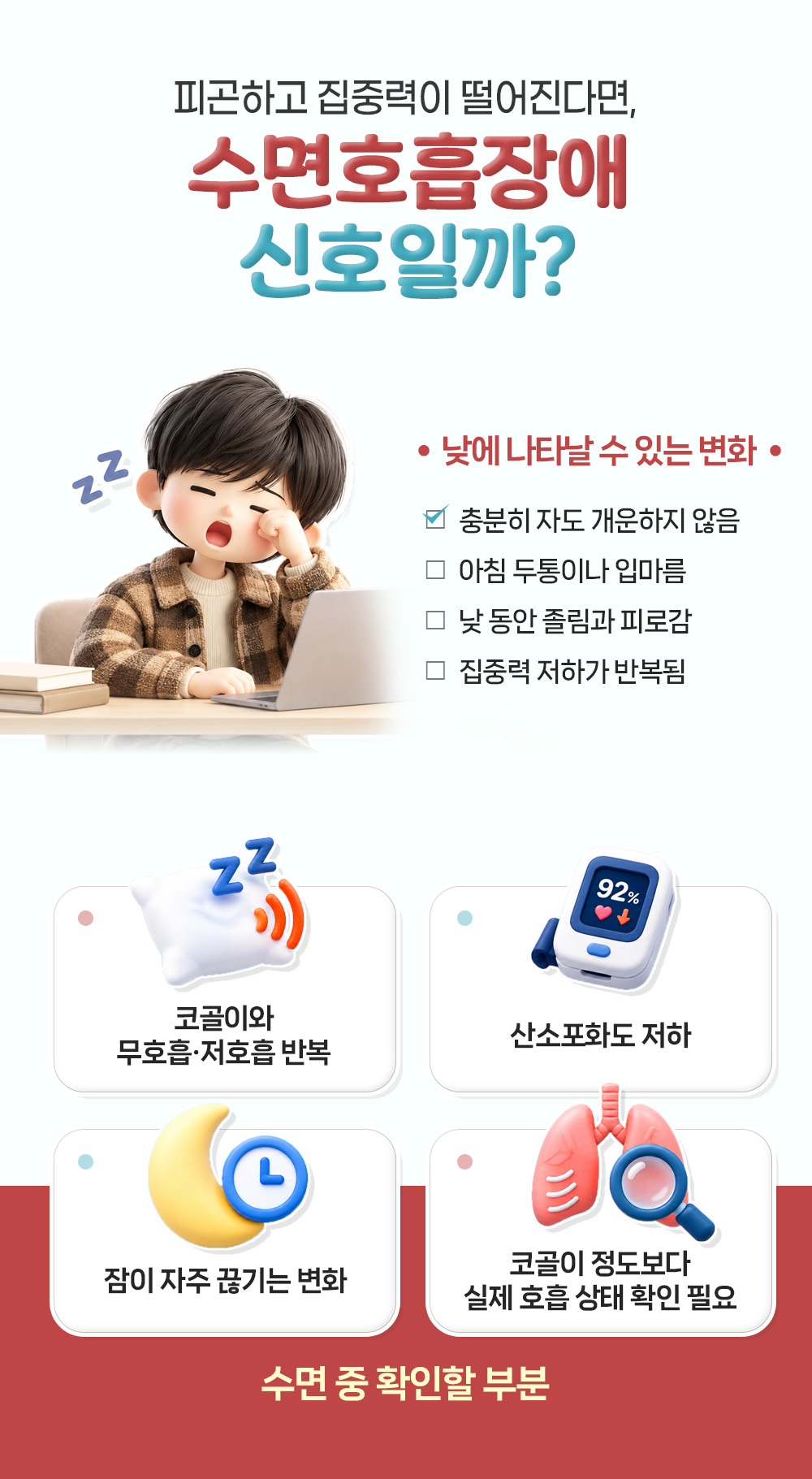 충분히 자도 개운하지 않음 등 낮에 나타나는 변화 넷과 코골이·무호흡, 산소포화도 저하 등 수면 중 확인할 넷