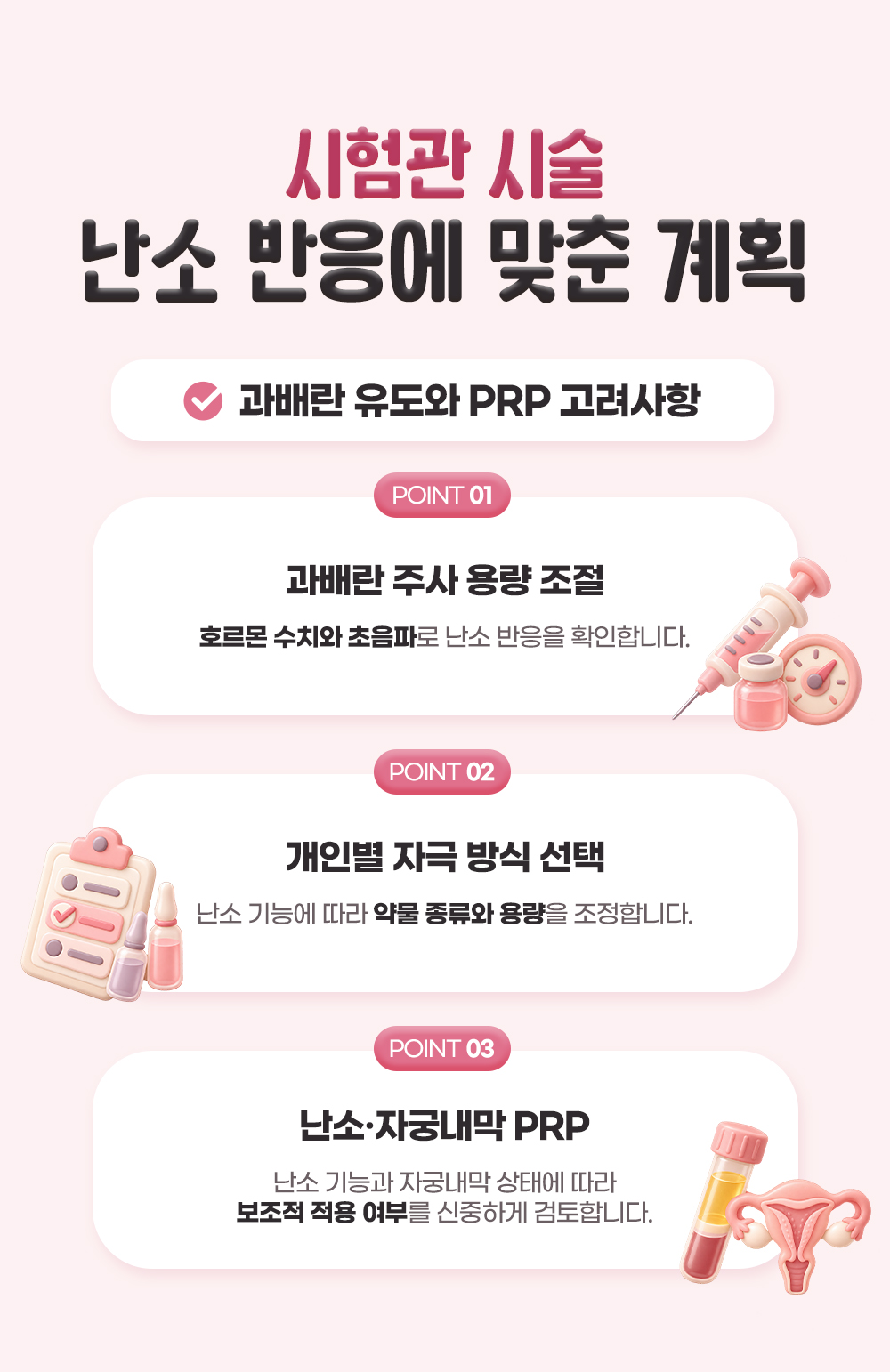 과배란 주사 용량 조절, 개인별 자극 방식 선택, 난소·자궁내막 PRP 보조적 적용 검토로 나눈 난소 반응에 맞춘 시험관 시술 계획 셋