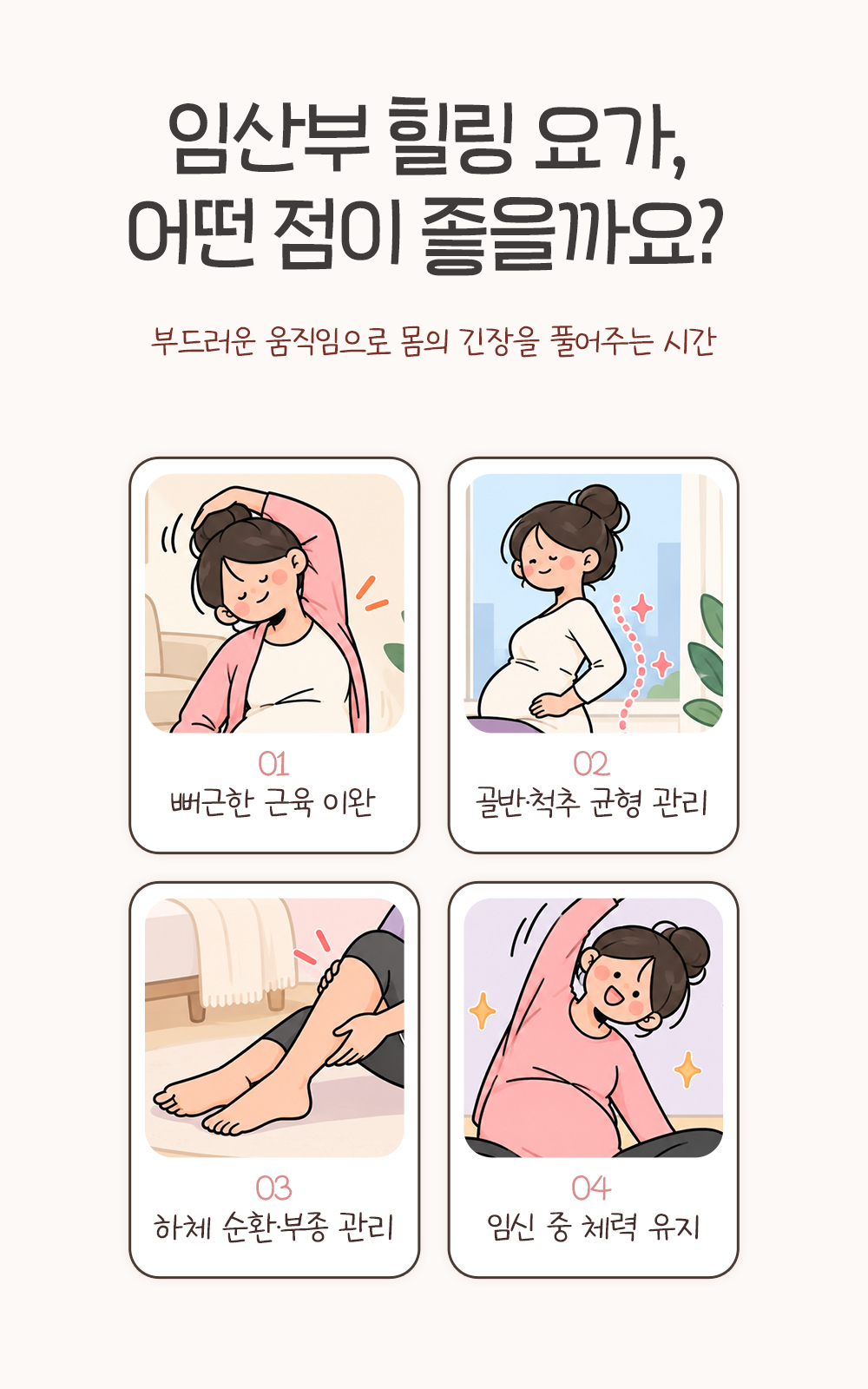 뻐근한 근육 이완, 골반·척추 균형, 하체 순환·부종 관리, 임신 중 체력 유지를 네 칸 그림으로 나눈 장