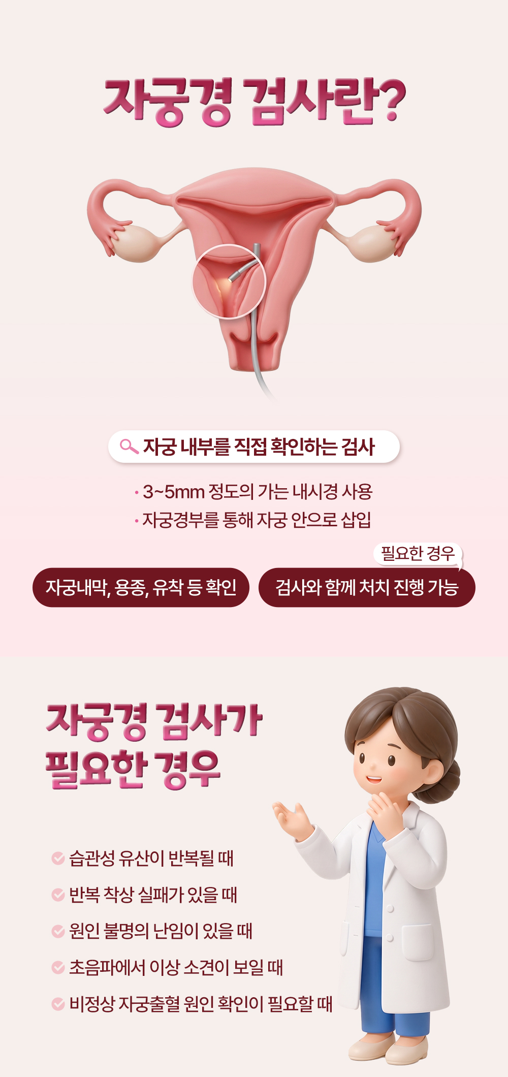3~5mm 가는 내시경을 자궁경부로 넣어 자궁내막과 용종, 유착을 확인하는 자궁경 검사와 습관성 유산, 반복 착상 실패 등 검사가 필요한 경우 다섯
