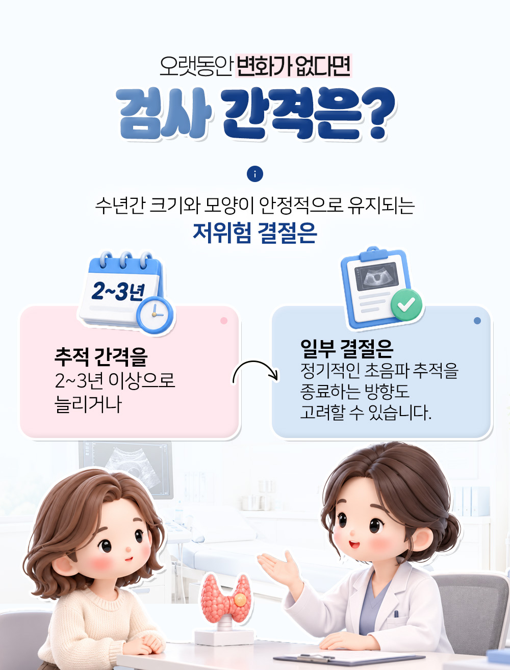 수년간 안정적인 저위험 결절은 추적 간격을 2~3년 이상으로 늘리거나 종료도 고려할 수 있다는 설명