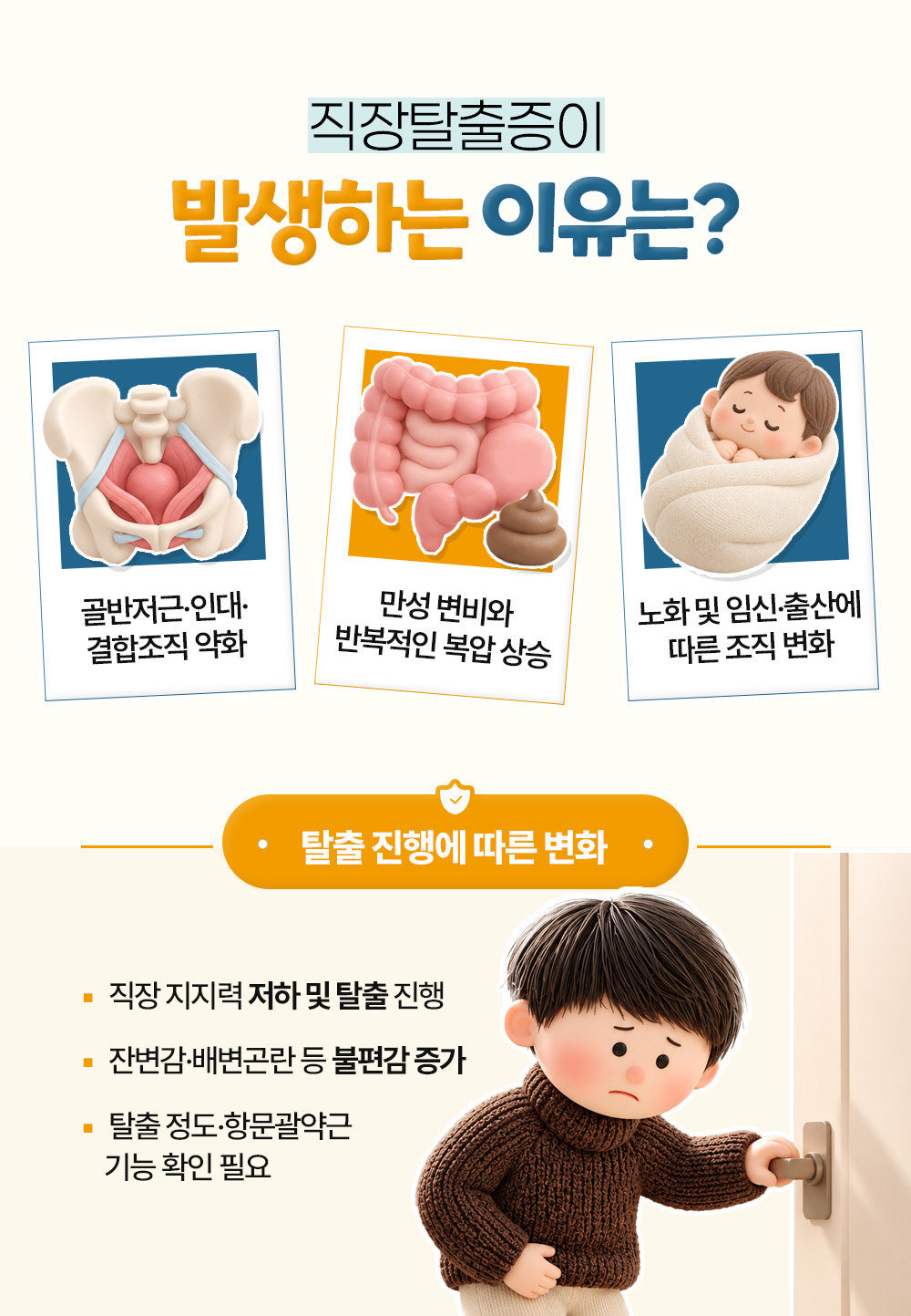 골반저근 약화, 만성 변비와 복압 상승, 노화와 임신·출산을 원인으로 들고 탈출이 진행되며 달라지는 점 셋을 적은 장