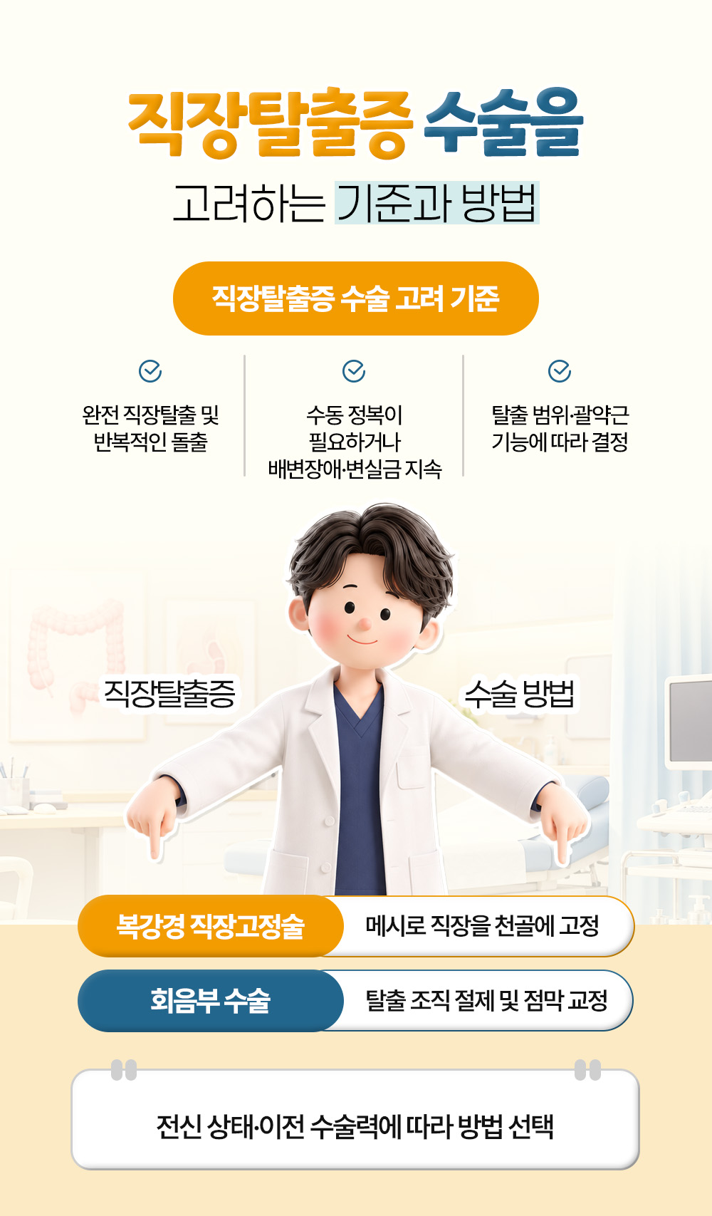 완전 탈출과 수동 정복, 변실금 지속 등 수술 고려 기준 셋과 복강경 직장고정술·회음부 수술 두 방법