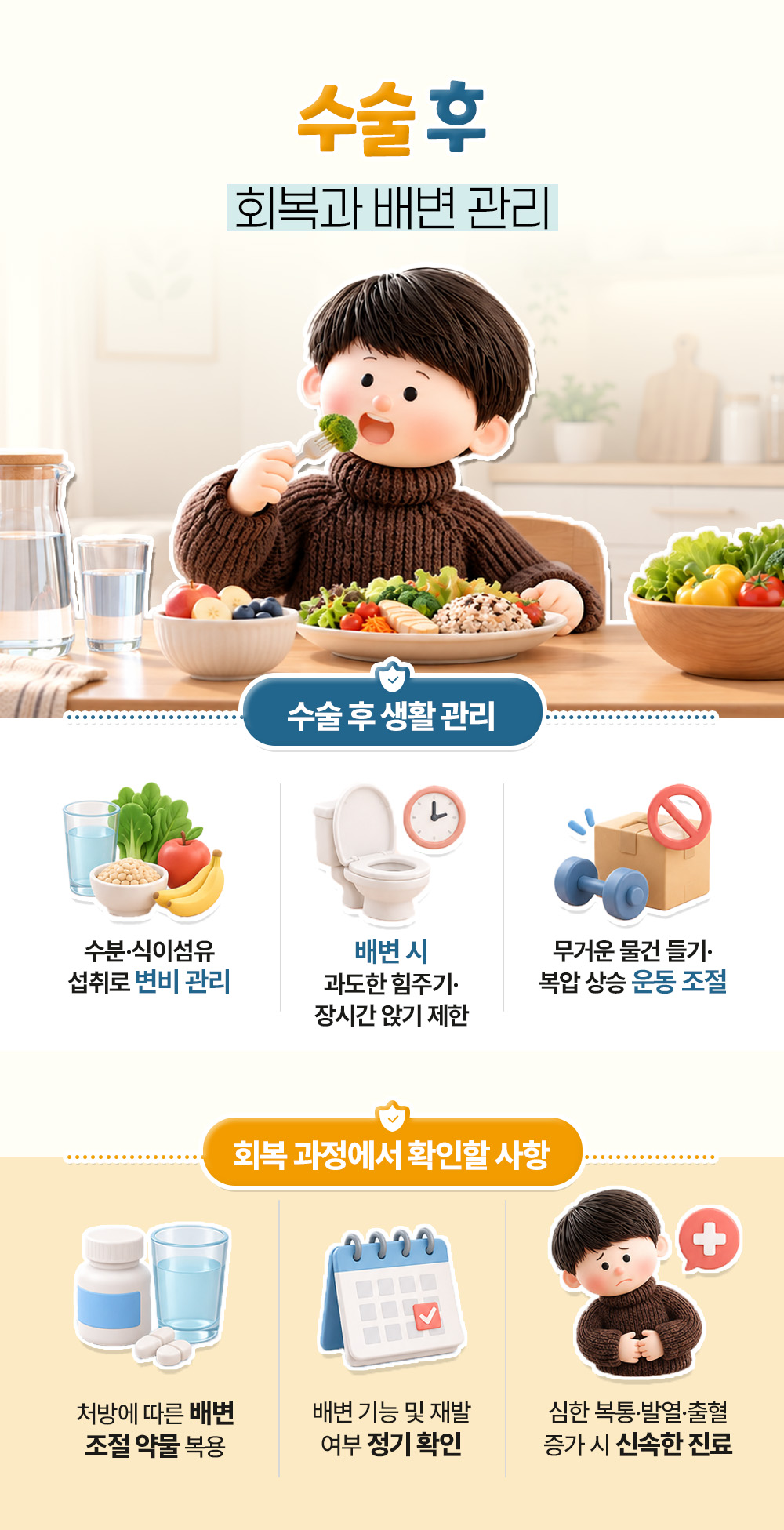 채소 접시 앞에서 식사하는 인물과 함께 변비 관리·힘주기 제한·복압 조절의 생활 관리 셋과 회복 중 확인 사항 셋