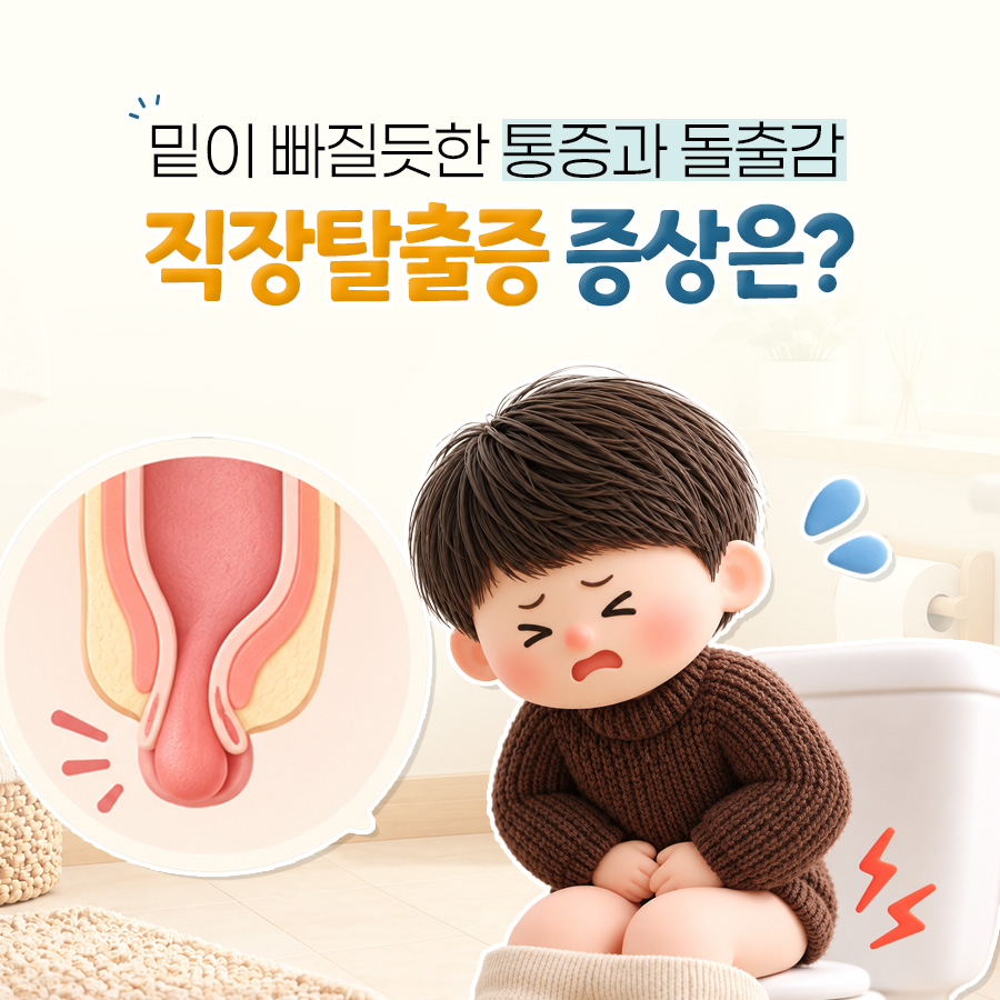 변기에 앉아 배를 감싼 인물과 항문 밖으로 밀려 나온 직장 단면으로 밑이 빠질듯한 통증과 돌출감을 묻는 직장탈출증 표지