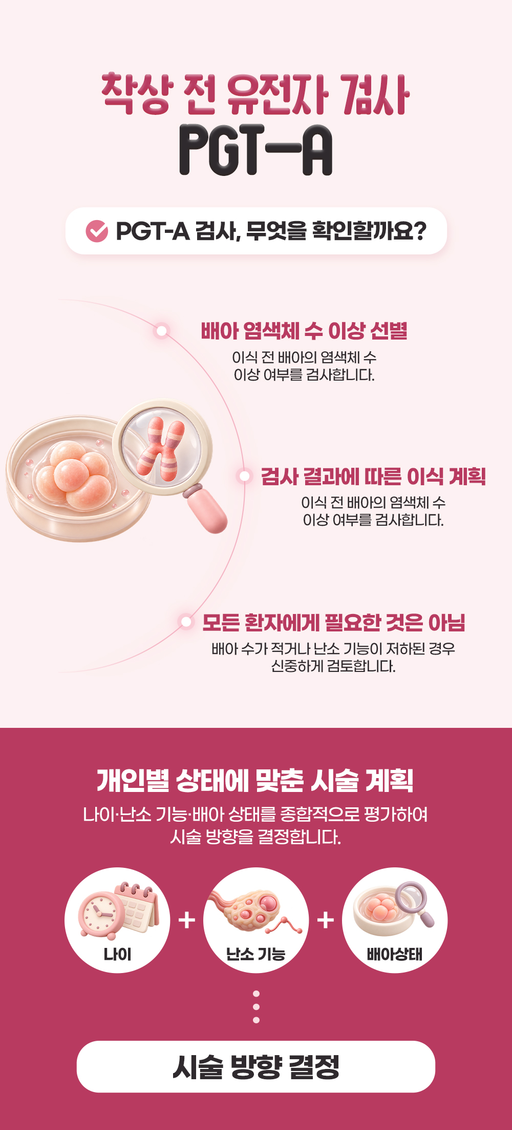 이식 전 배아의 염색체 수 이상을 선별하는 PGT-A 검사가 확인하는 것 셋과 나이·난소 기능·배아 상태를 더해 시술 방향을 정하는 개인별 시술 계획