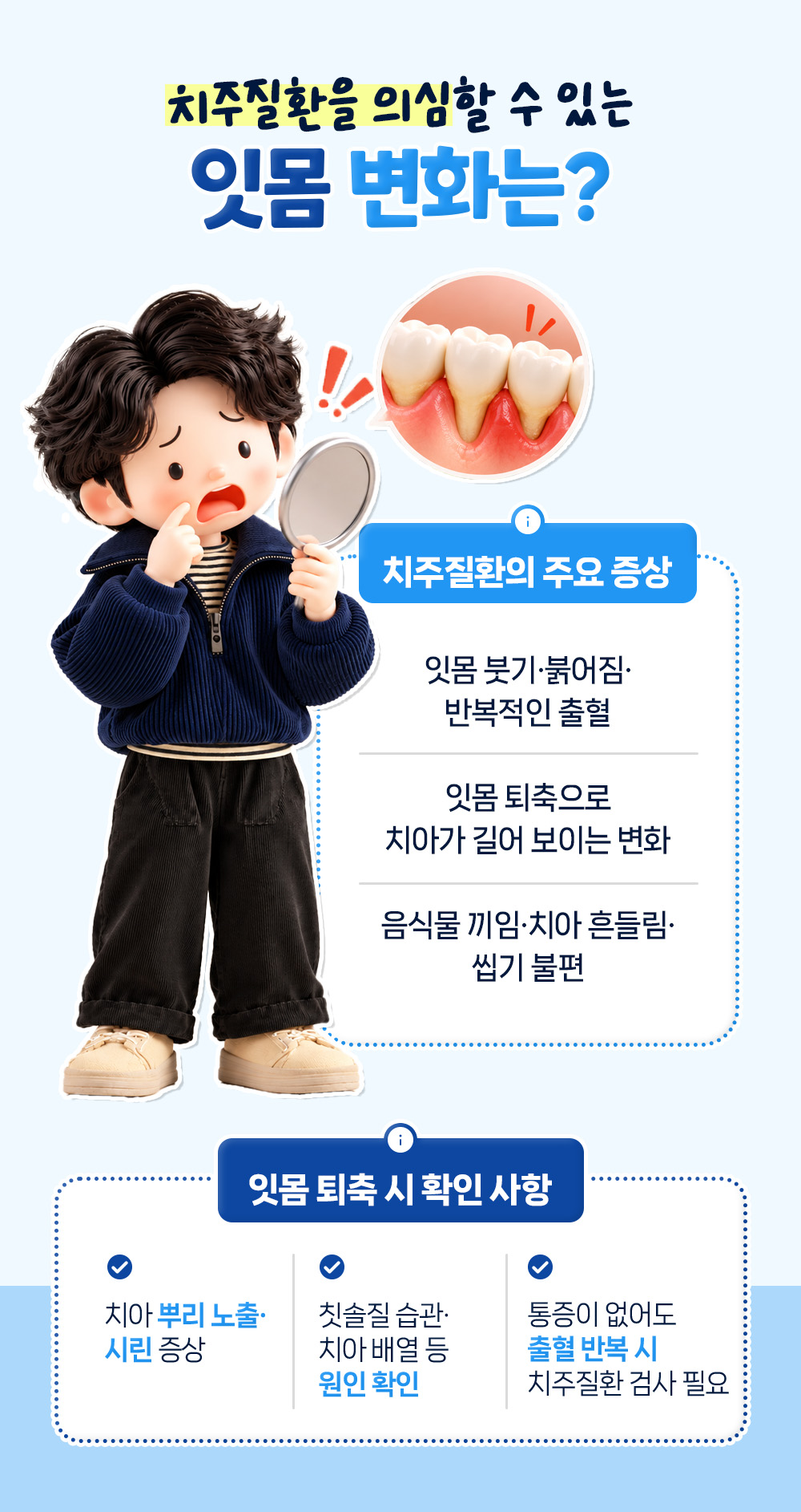 손거울로 잇몸을 살피는 인물과 함께 잇몸 붓기와 출혈, 퇴축, 흔들림 같은 치주질환 증상 셋과 잇몸 퇴축 시 확인 사항 셋