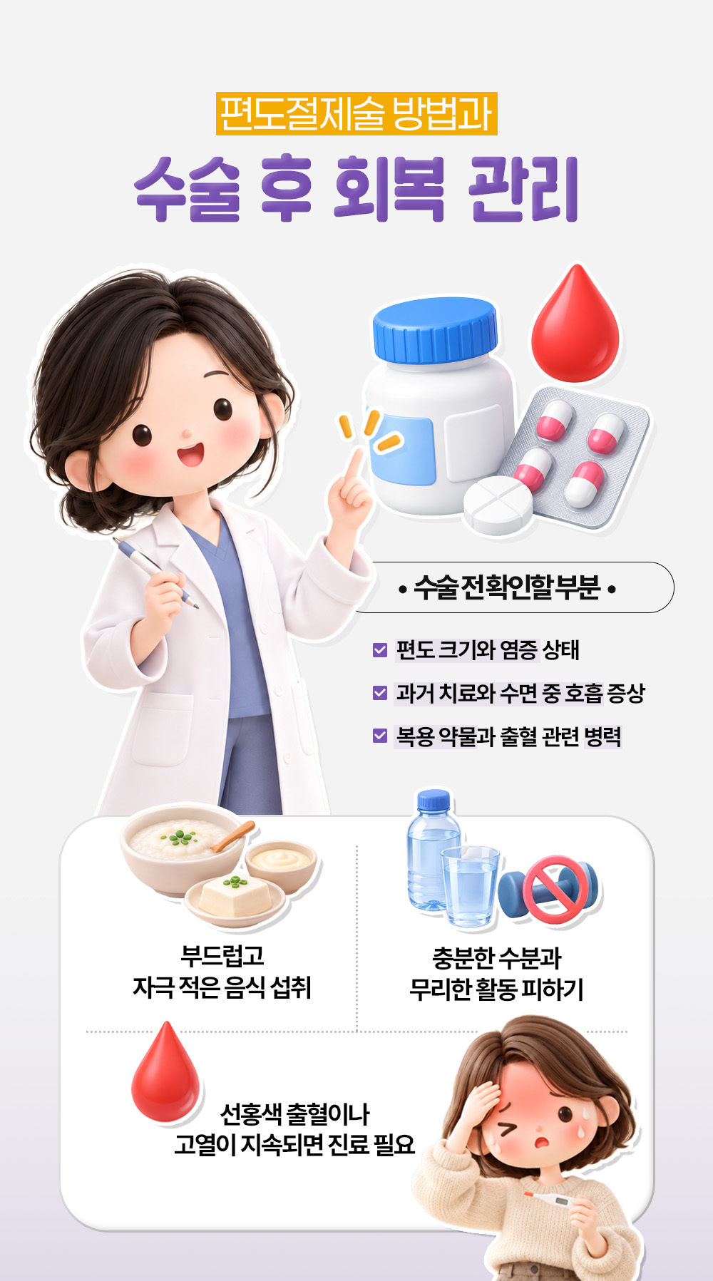 편도 크기와 복용 약물 등 수술 전 확인 셋과 음식, 수분, 출혈 신호를 적은 수술 후 회복 관리 셋