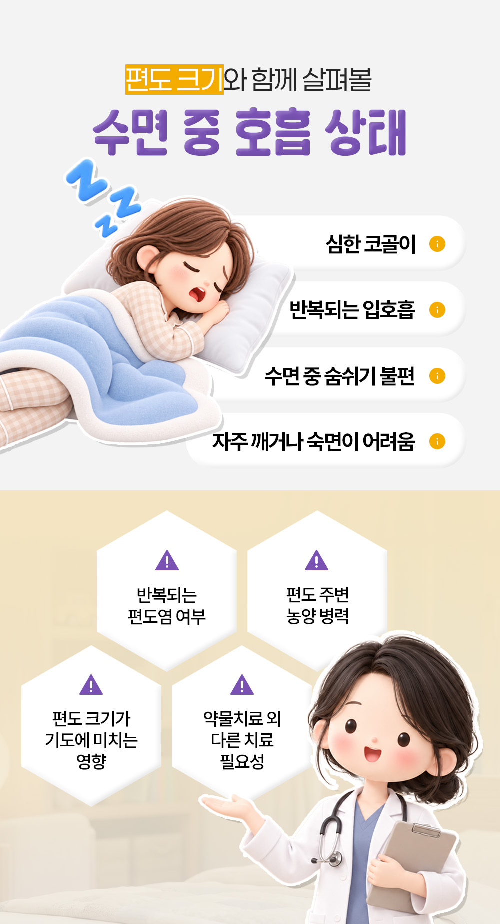 심한 코골이와 입호흡, 숨쉬기 불편과 잦은 각성을 적고 편도 크기가 기도에 미치는 영향까지 묶은 장