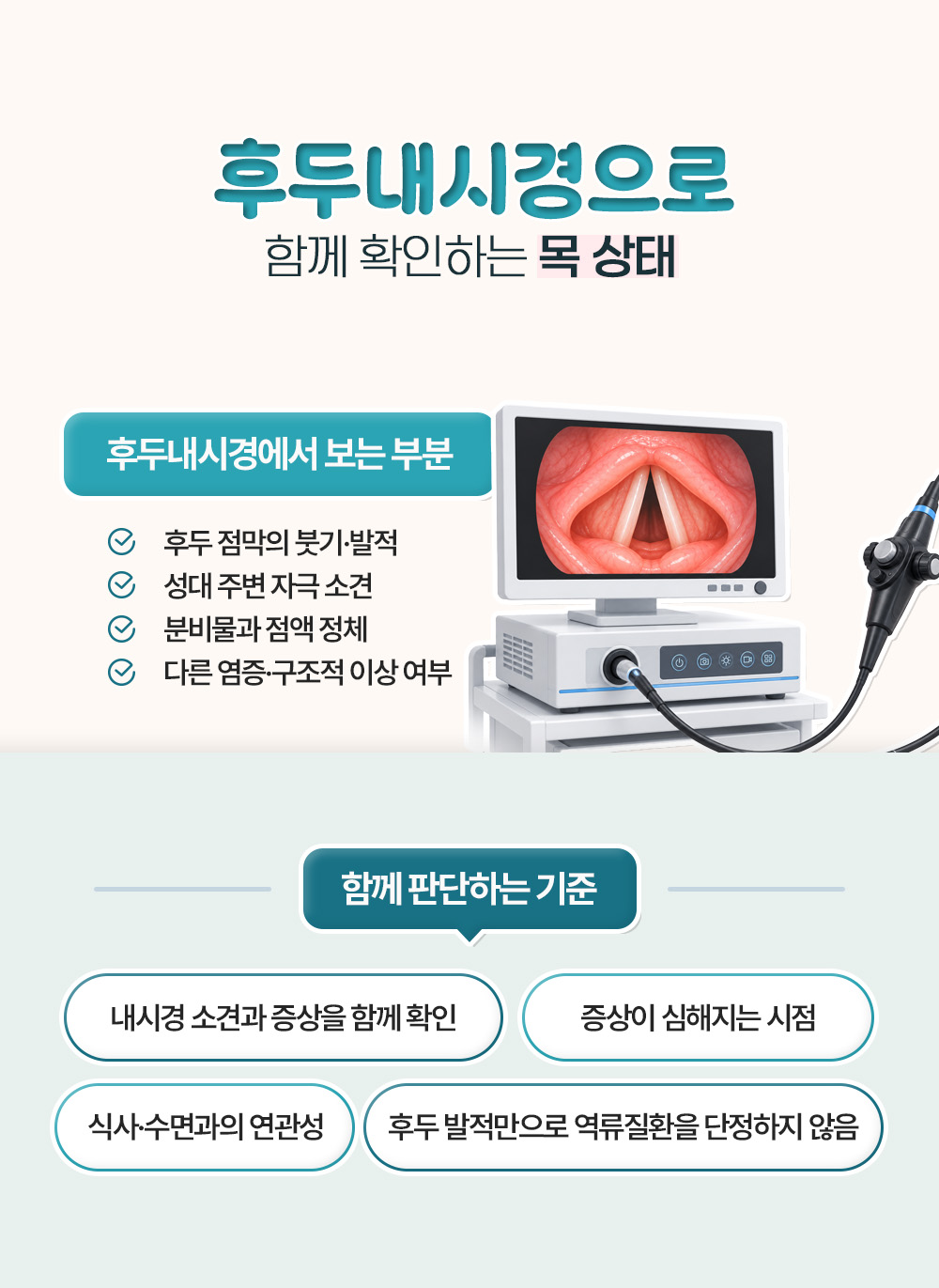 후두 점막의 붓기와 발적, 성대 주변 자극과 점액 정체를 후두내시경으로 보고 증상과 함께 판단한다는 장
